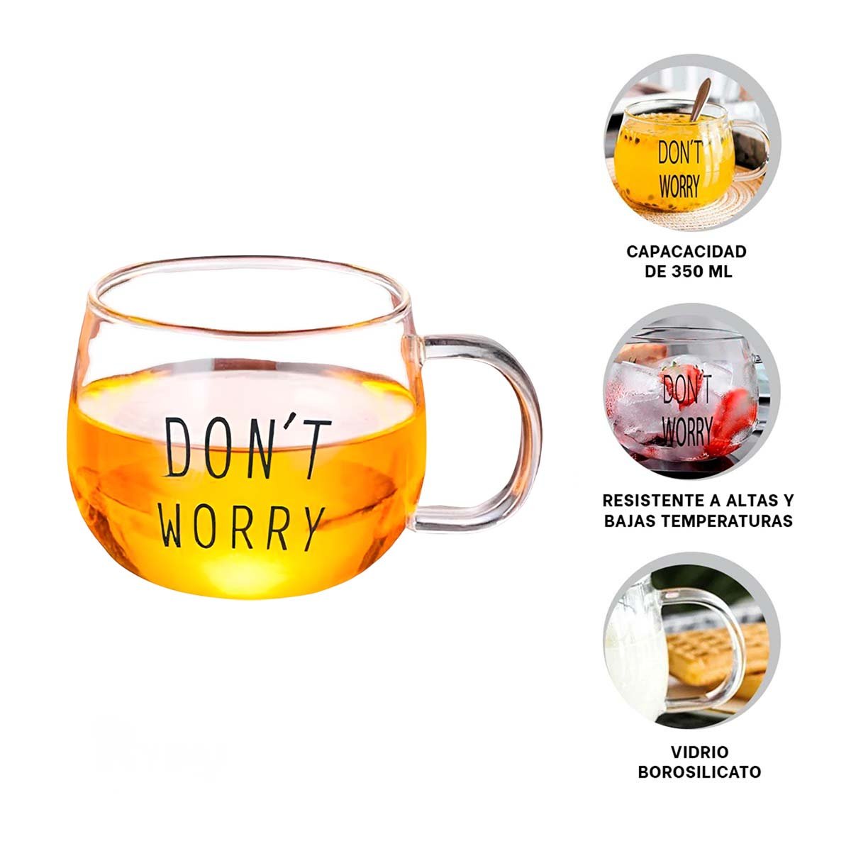 TAZA CON FRASE DONT WORRY EN VIDRIO TRANSPARENTE 350 ML MODERNA Y+POST IT - 5
