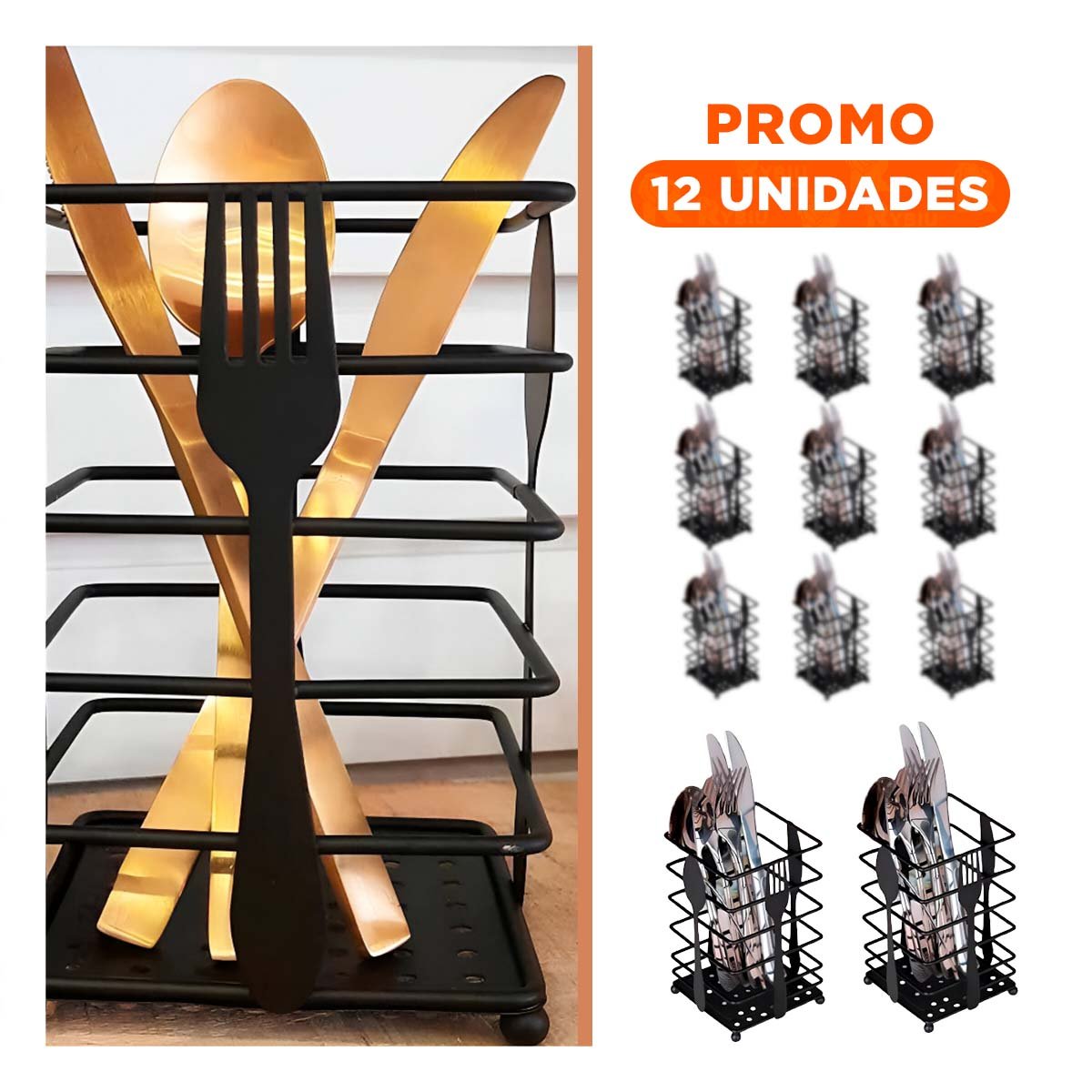 PACK12 CONTENEDOR RECTANGULAR EN METAL NEGRO PARA CUBIERTOS Y MESA PRACTICA - 1
