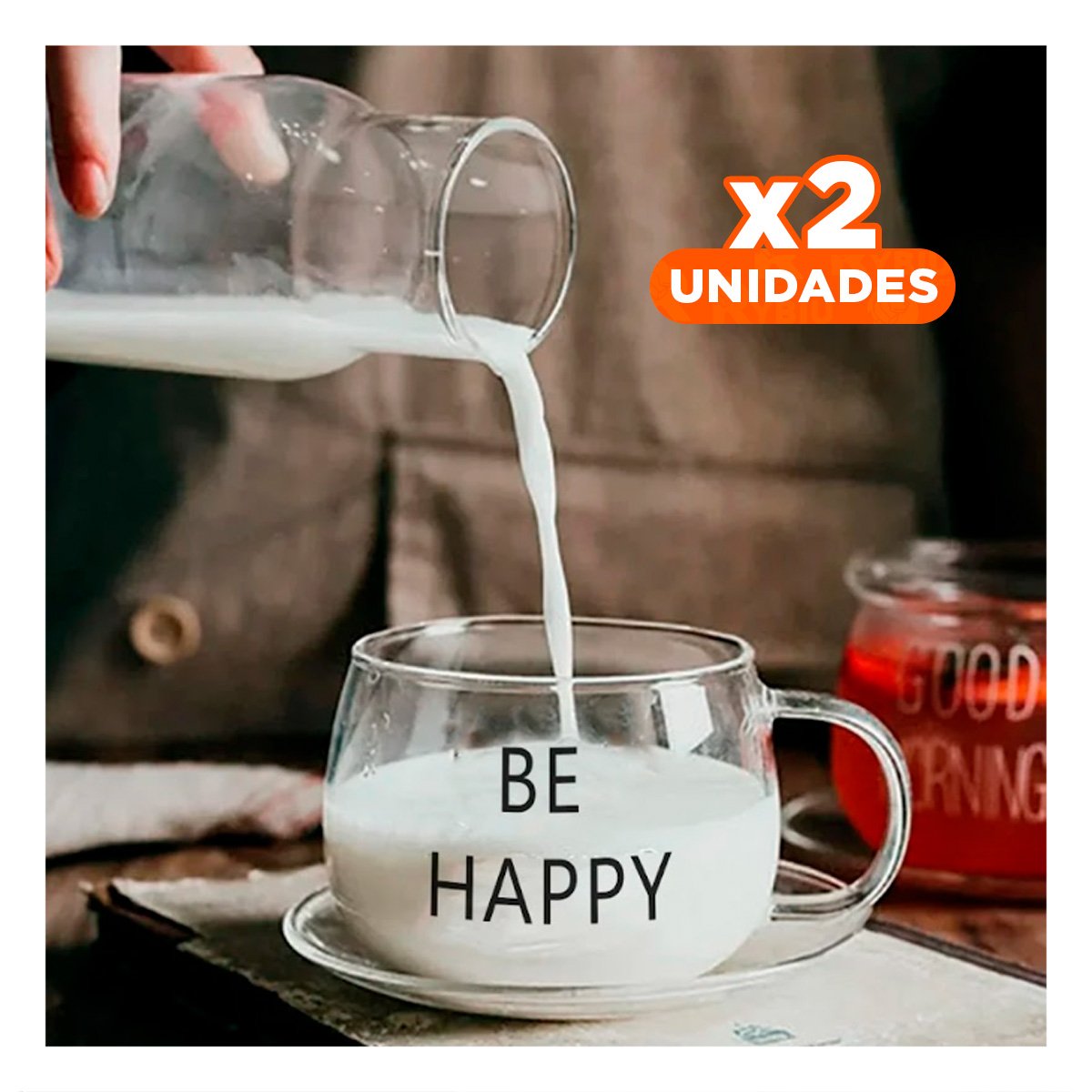 PACK2 COPA VIDRIO TRANSPARENTE 350 ML CON FRASE BE HAPPY MODERNA Y+PAPEL REGALO - 1
