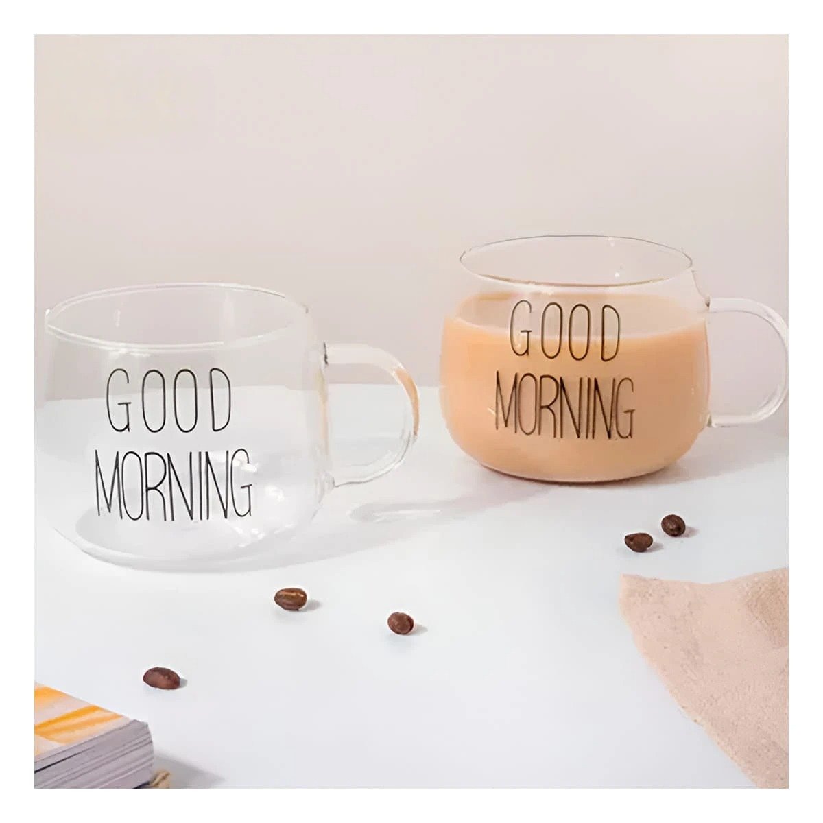 TAZA CON FRASE GOOD MORNING EN VIDRIO TRANSPARENTE 350 ML MODERNA Y+POST IT - 1