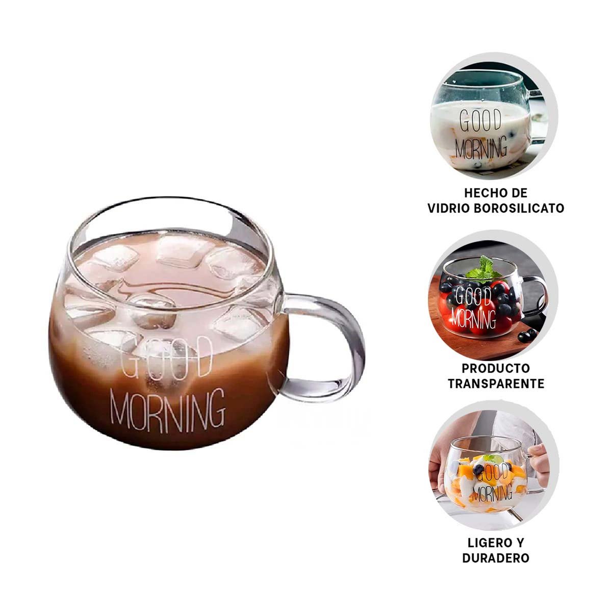 TAZA CON FRASE GOOD MORNING EN VIDRIO TRANSPARENTE 350 ML MODERNA Y+POST IT - 5