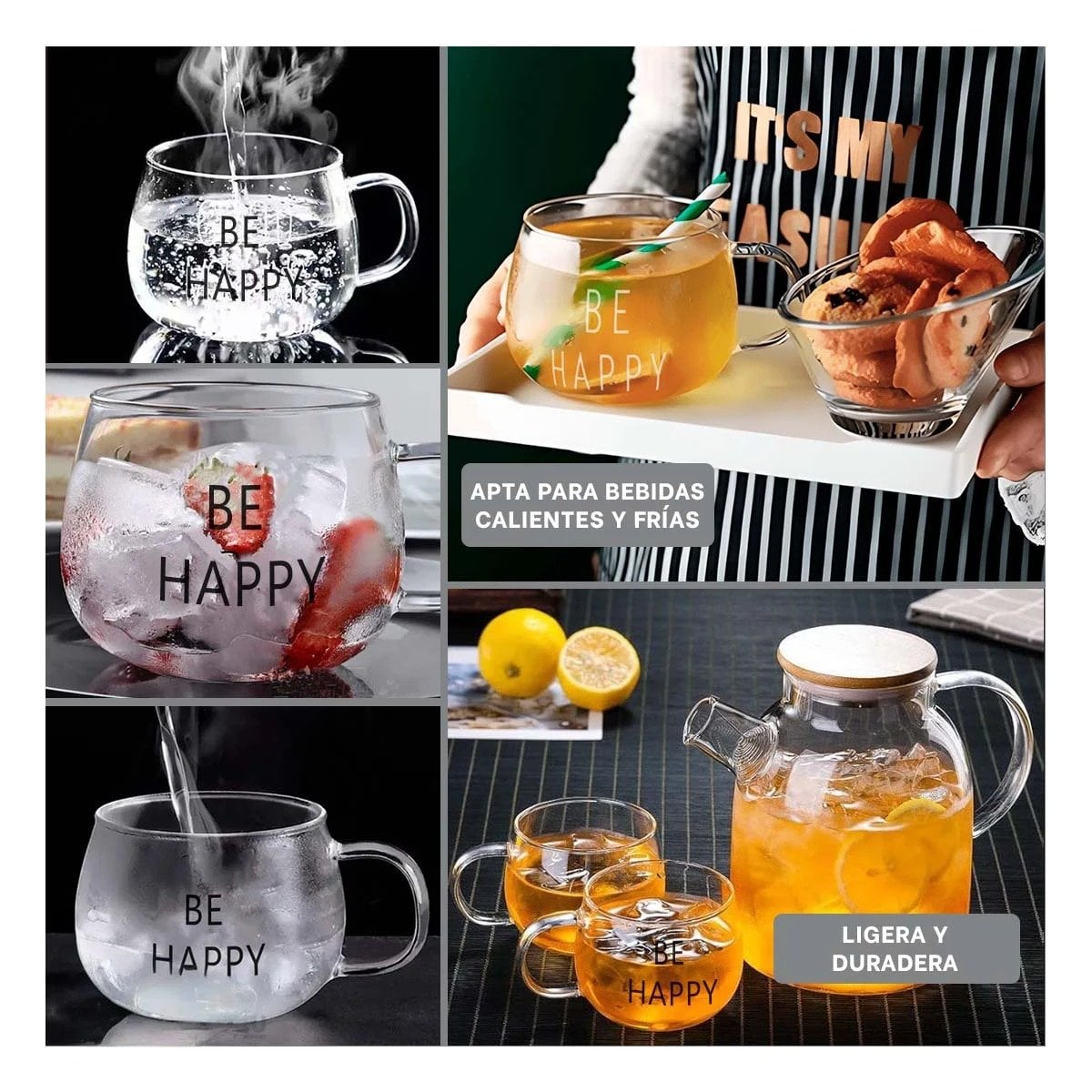 TAZA TRANSPARENTE DE VIDRIO 350 ML CON FRASE BE HAPPY INSPIRADORA Y+LIGAS REGALO - 1