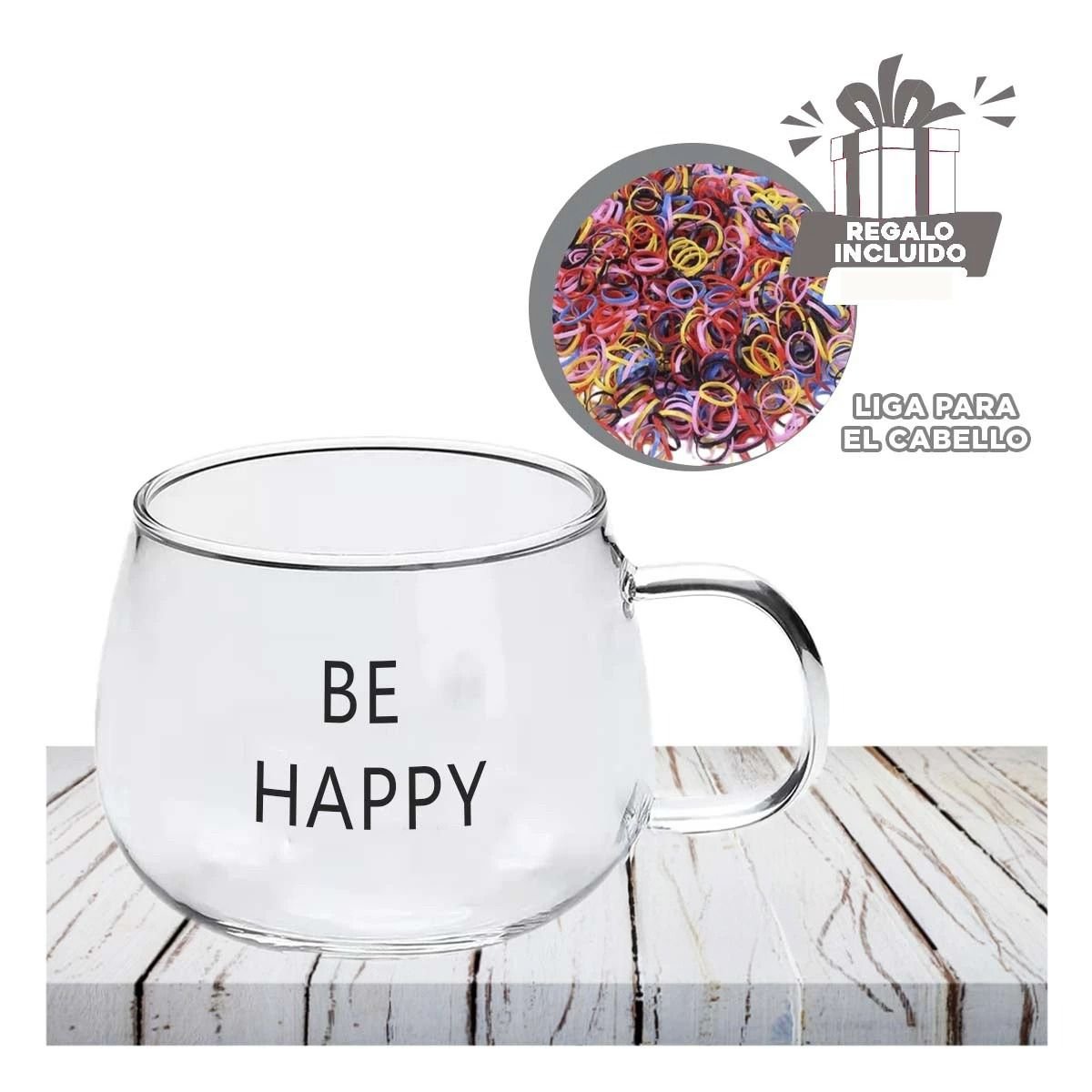 TAZA TRANSPARENTE DE VIDRIO 350 ML CON FRASE BE HAPPY INSPIRADORA Y+LIGAS REGALO - 2