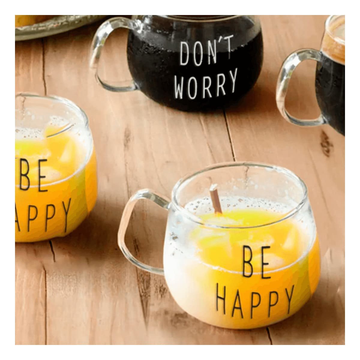 TAZA TRANSPARENTE DE VIDRIO 350 ML CON FRASE BE HAPPY INSPIRADORA Y+LIGAS REGALO - 3
