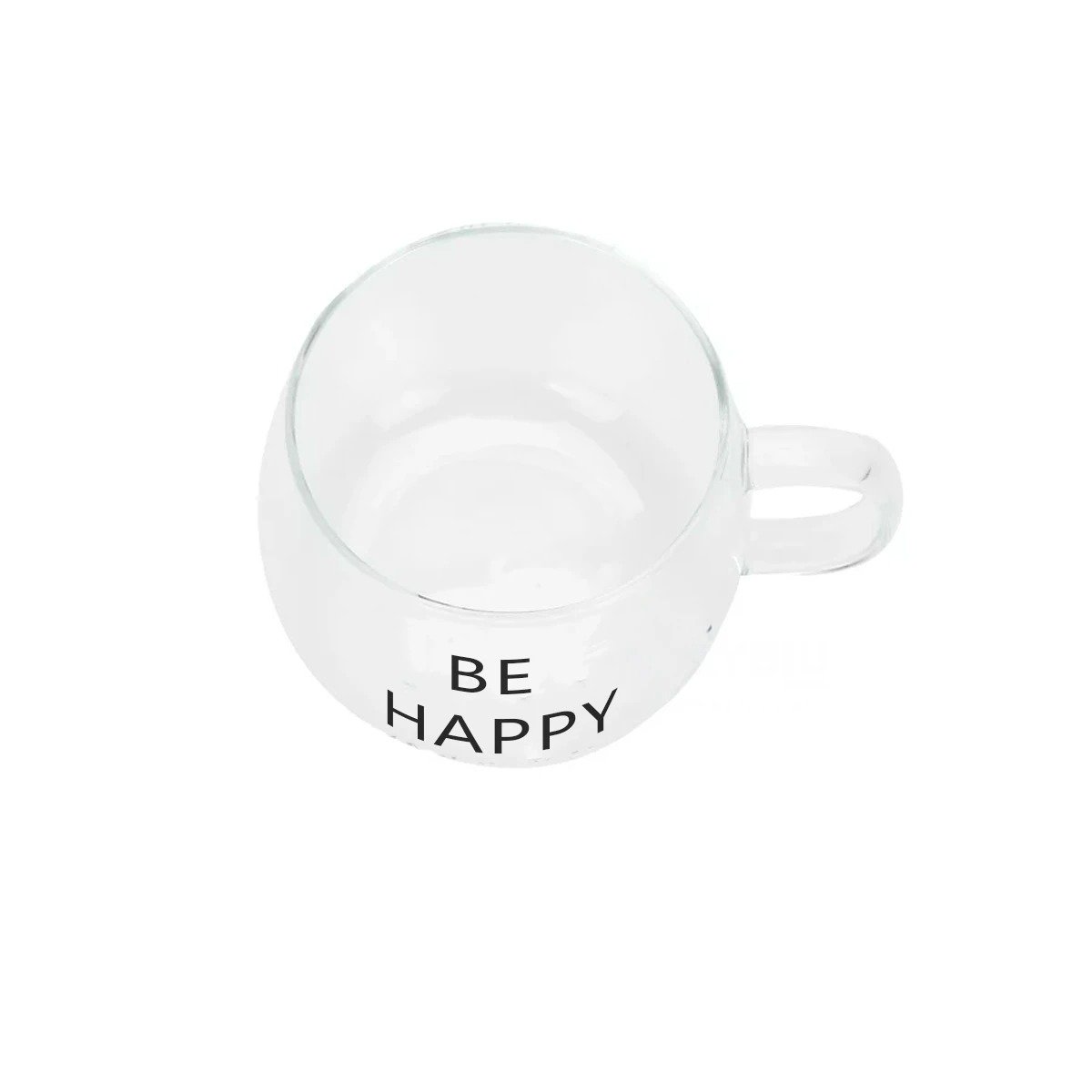 TAZA TRANSPARENTE DE VIDRIO 350 ML CON FRASE BE HAPPY INSPIRADORA Y+LIGAS REGALO - 5