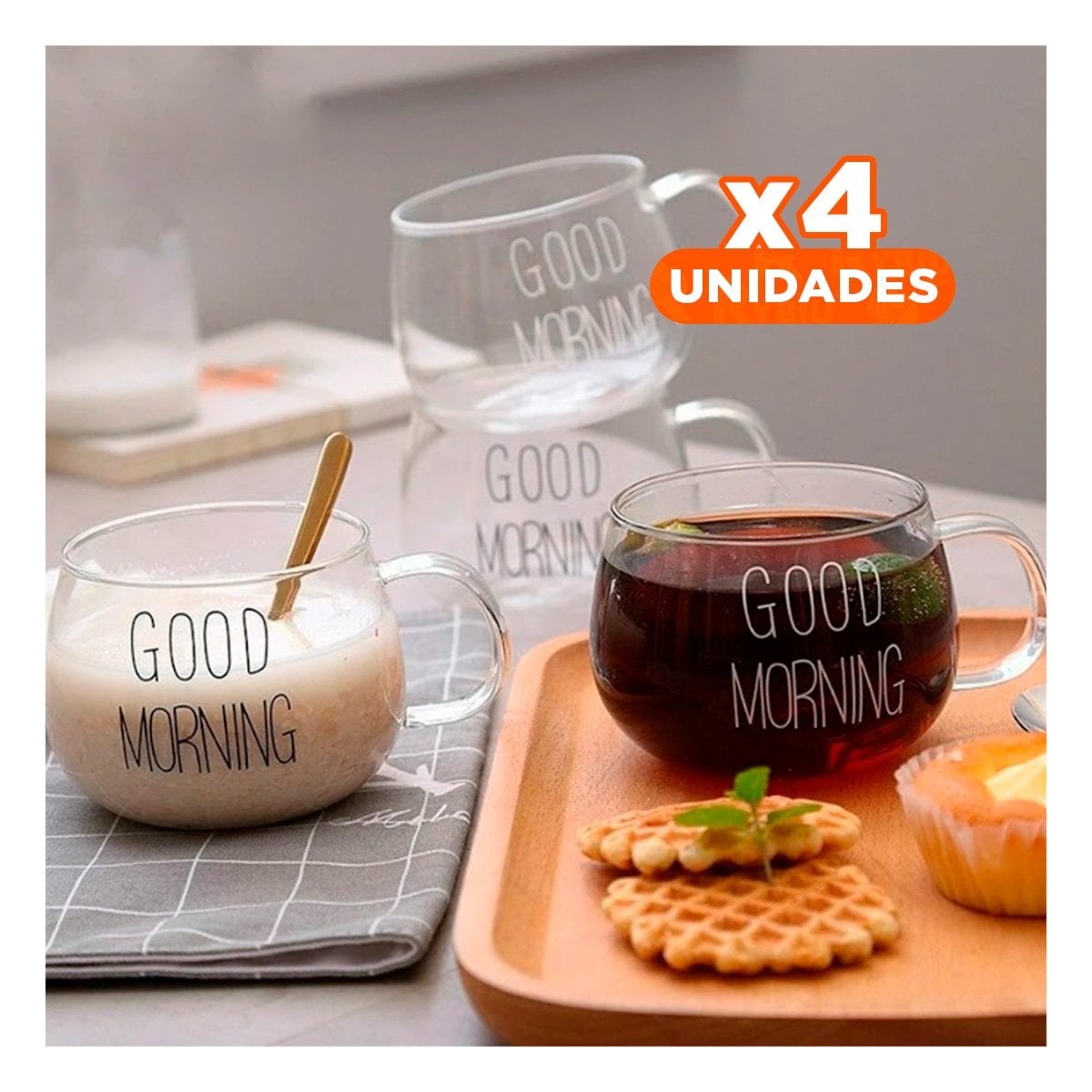 PACK4 JARRO 350 ML VIDRIO TRANSPARENTE CON MENSAJE GOOD MORNING ELEGANTE Y+REGALO STICKER - 1