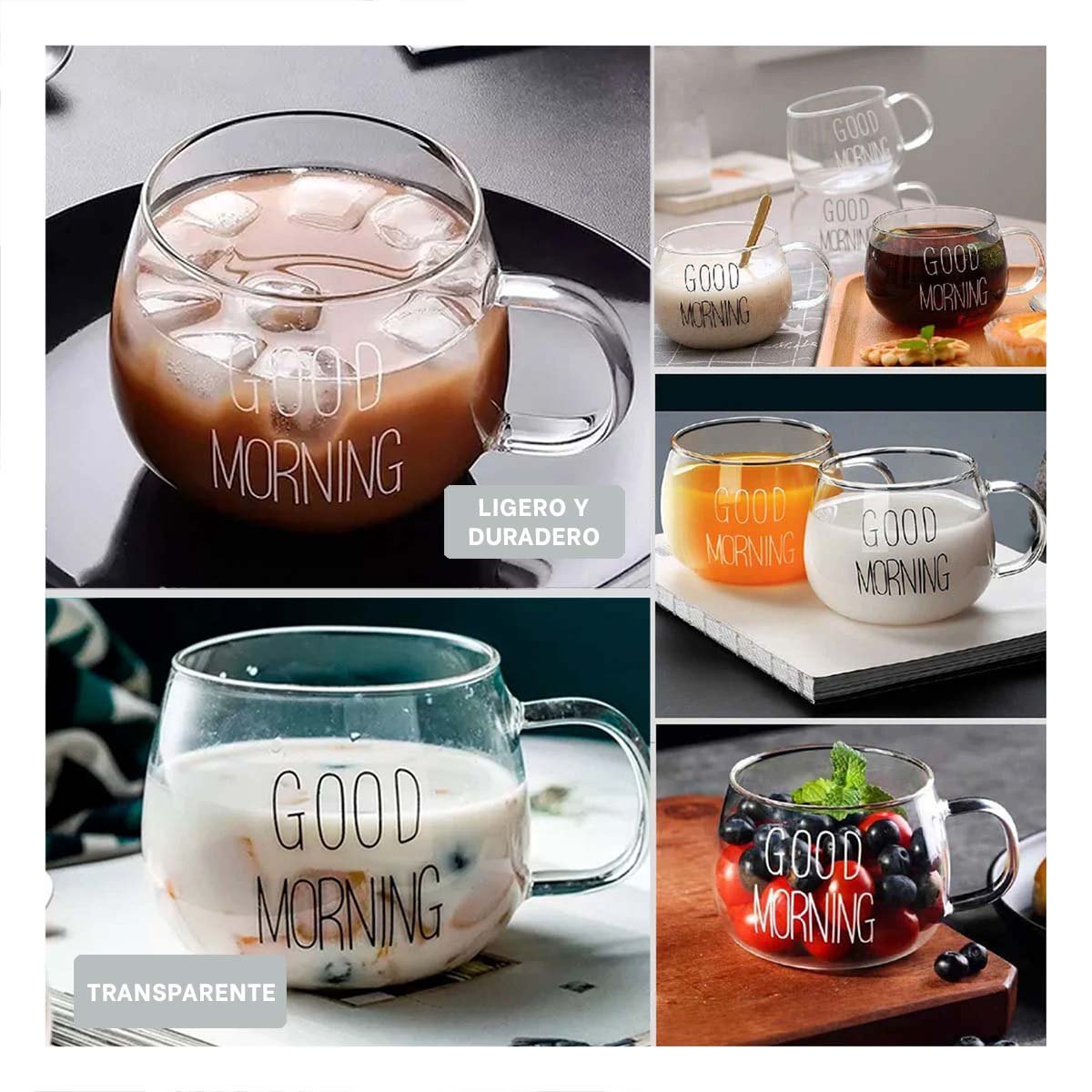 PACK4 JARRO 350 ML VIDRIO TRANSPARENTE CON MENSAJE GOOD MORNING ELEGANTE Y+REGALO STICKER - 2