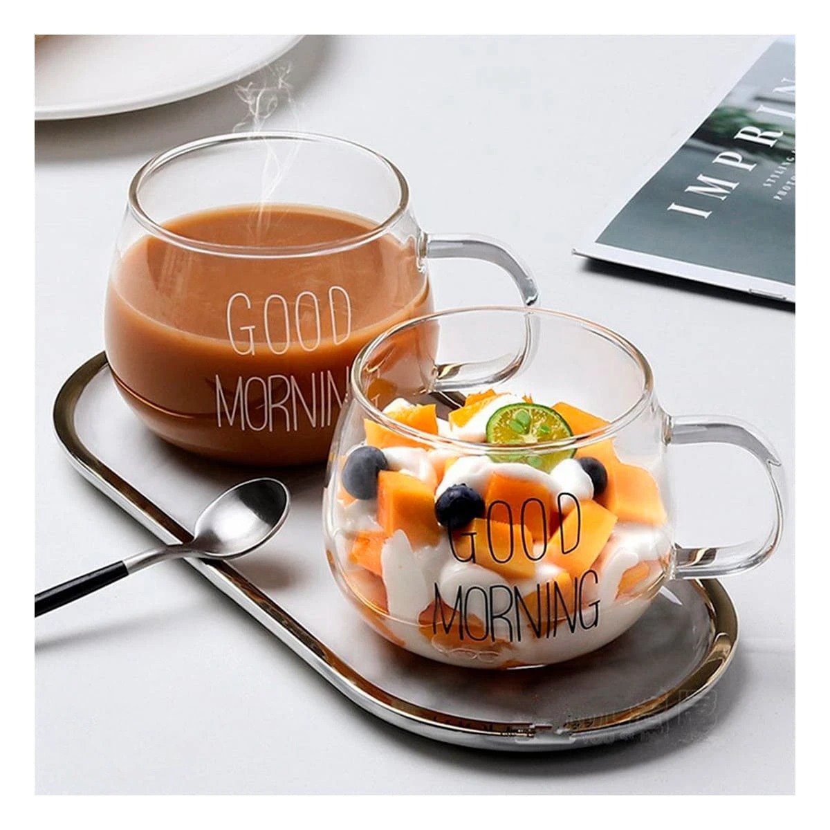 PACK4 JARRO 350 ML VIDRIO TRANSPARENTE CON MENSAJE GOOD MORNING ELEGANTE Y+REGALO STICKER - 3