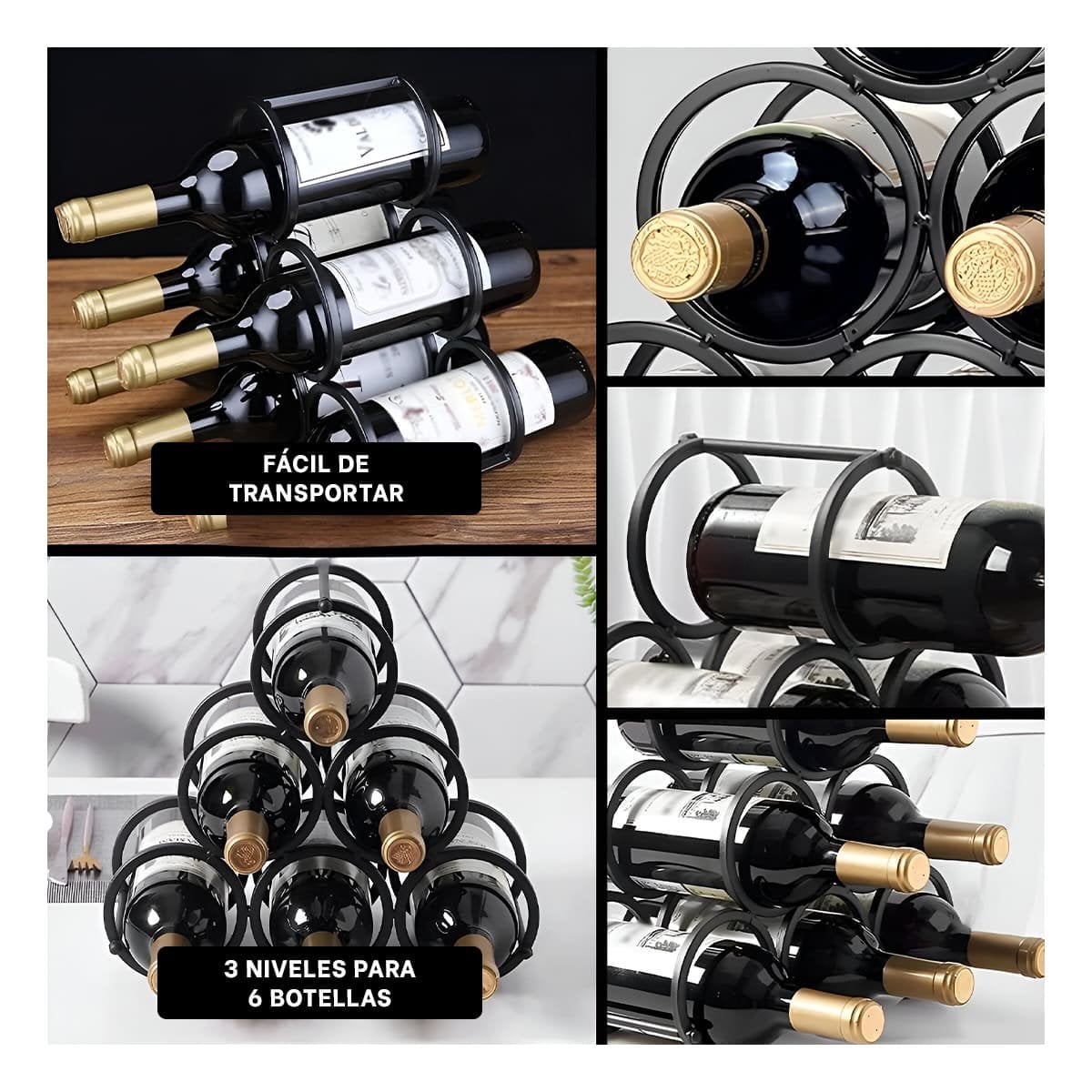 ESTANTE PARA HOGAR Y COCINA PARA 6 BOTELLAS Y TOMATODOS NEGRO Y+LIGAS REGALO - 1