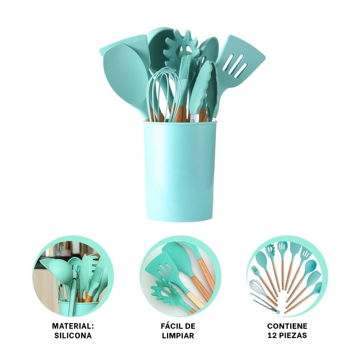 SET COMPLETO DE 12 PIEZAS EN SILICONA COLOR VERDE PARA PREPARACION DE ALIMENTOS Y+PAPEL REGALO - 5