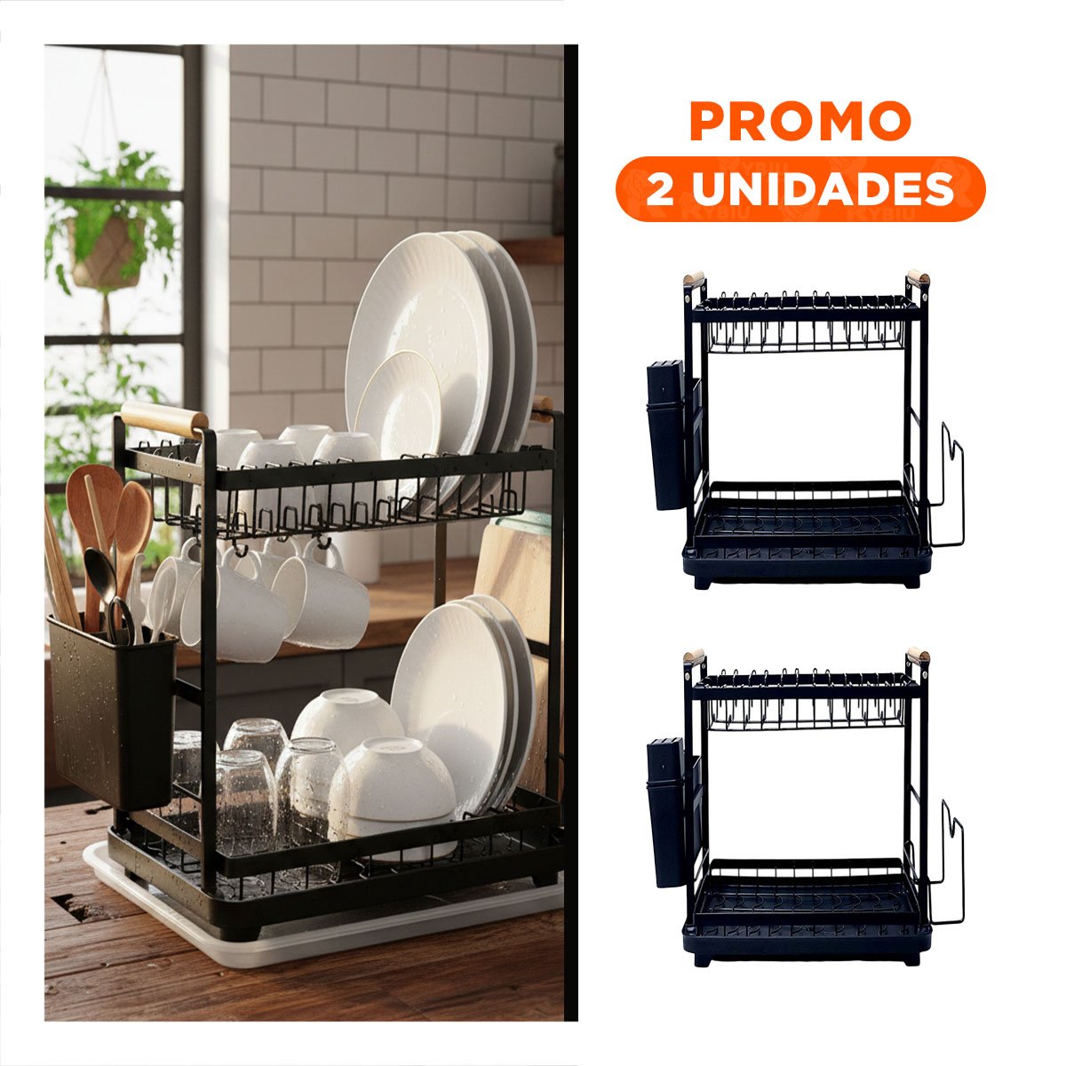 PACK2 SECADOR MULTIFUNCIONAL PARA VAJILLA 2 NIVELES CON DISEÑO NEGRO YREGALO STICKER - 1