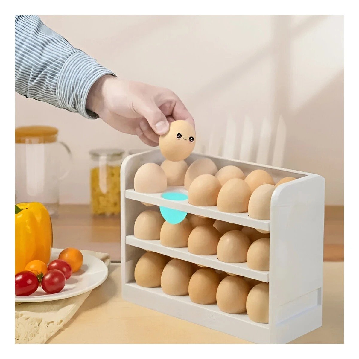 ORGANIZADOR DE COCINA EN BLANCO PARA 30 HUEVOS DISTRIBUIDOS EN TRES NIVELES Y+REGALO STICKER - 3