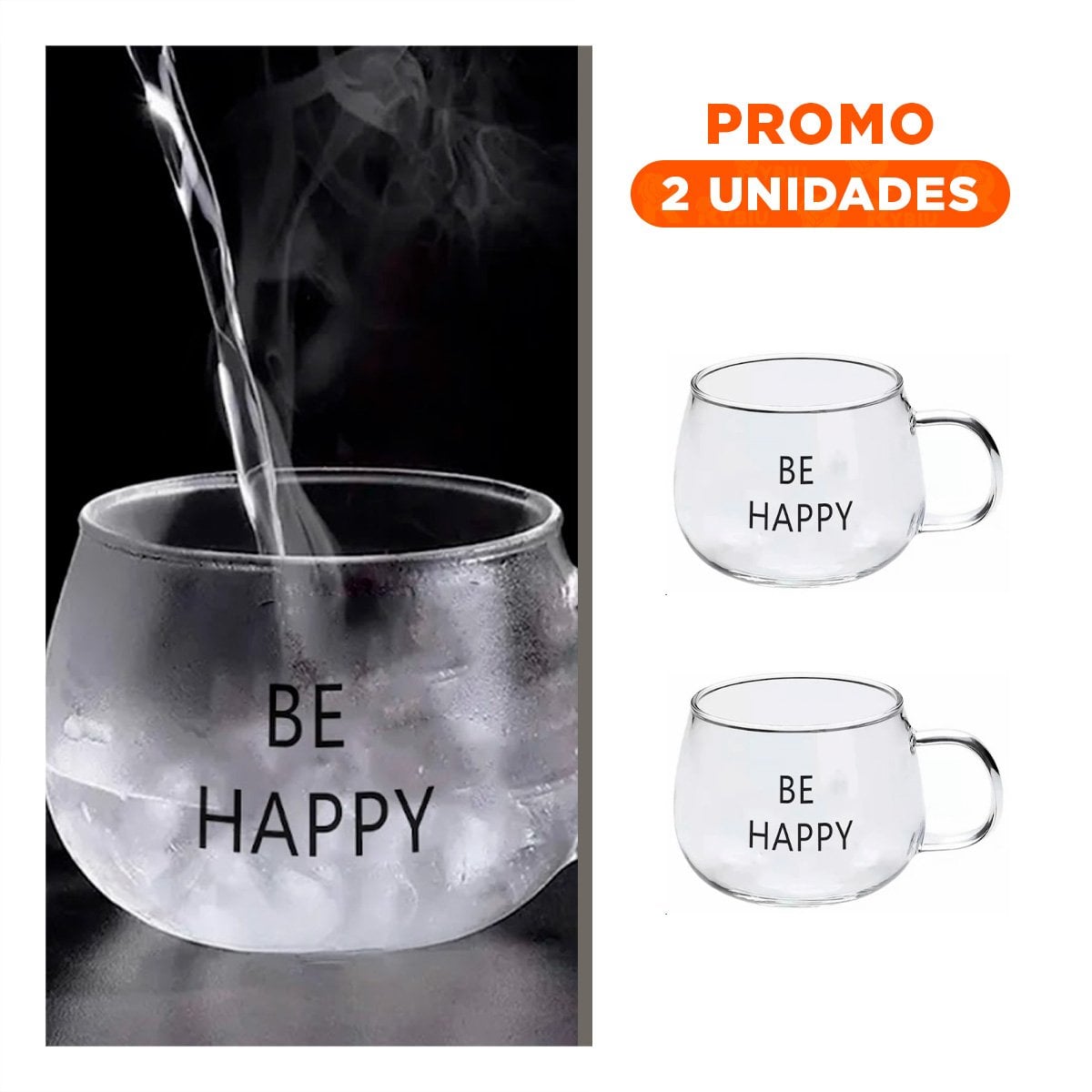 PACK2 COPA 350 ML TRANSPARENTE DE VIDRIO CON FRASE BE HAPPY CON PRESENCIA Y+REGALO STICKER - 1