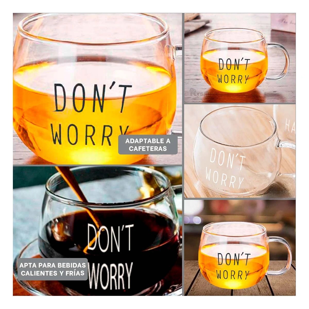 TAZA CON FRASE DONT WORRY 350 ML DE VIDRIO EN COLOR TRANSPARENTE ESTETICA MODERNA - 2