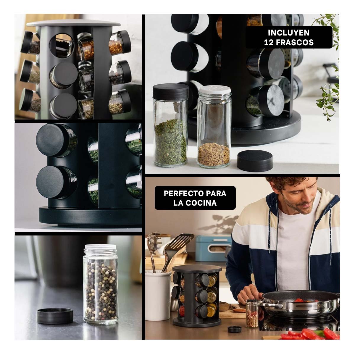 CONDIMENTERO GIRATORIO DE COLOR NEGRO CON 12 FRASCOS PARA COCINA ORGANIZADA - 2