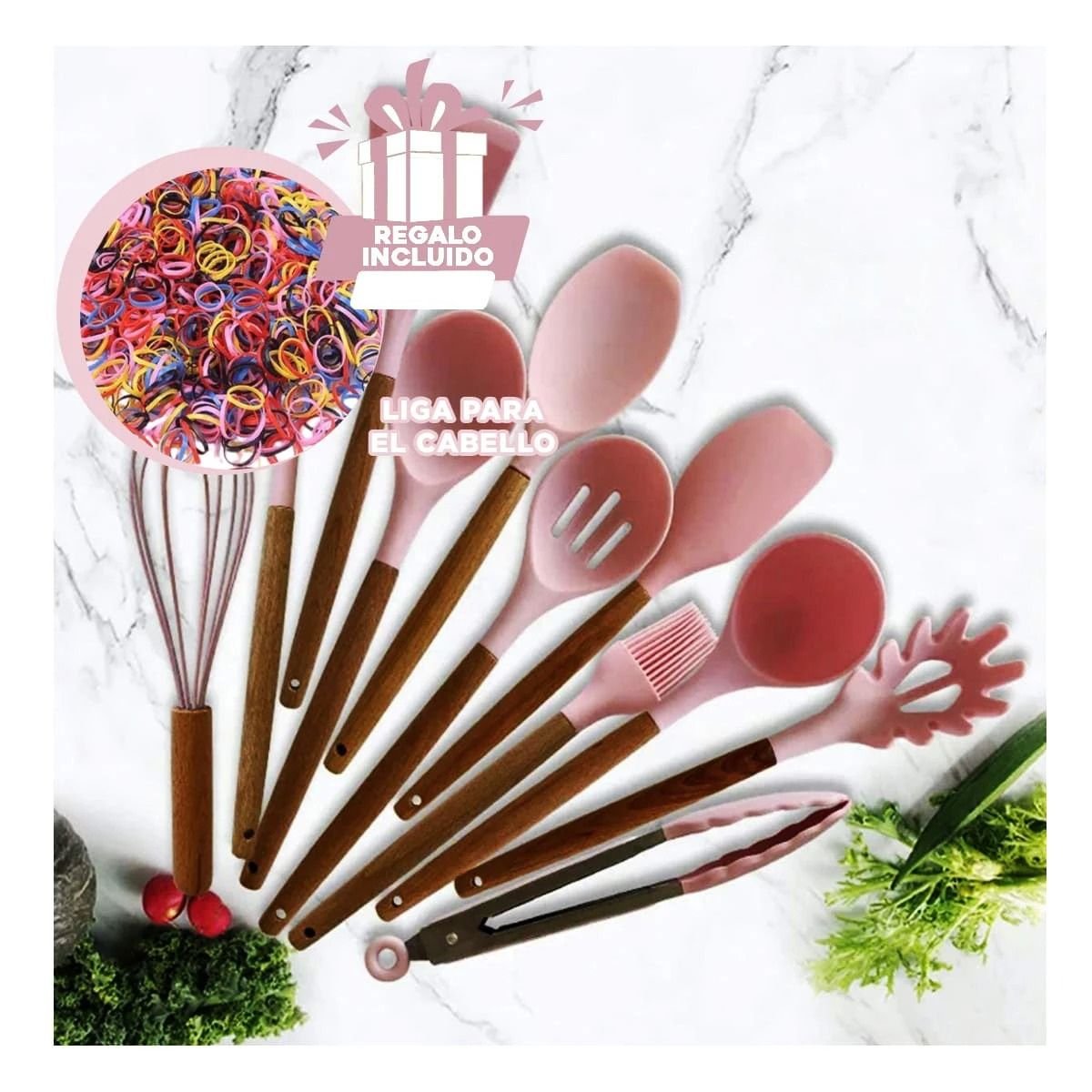 SET DE UTENSILIOS COLOR ROSADO EN SILICONA CON 12 PIEZAS PARA COCINA FAMILIAR Y+LIGAS REGALO - 2