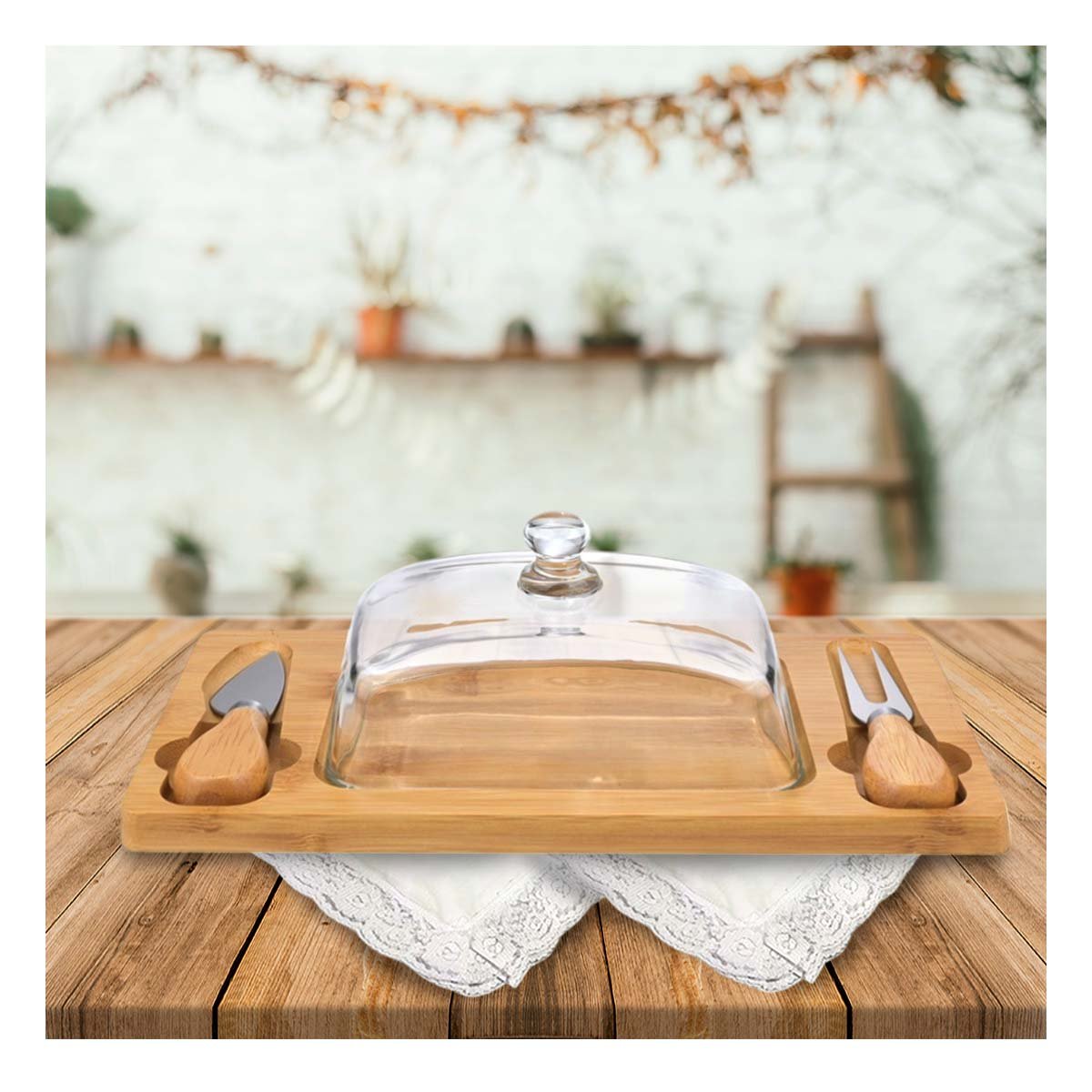 TABLA DE MADERA ELEGANTE CON TAPA DE VIDRIO Y UTENSILIOS PARA MESA MADERA YREGALO STICKER - 2