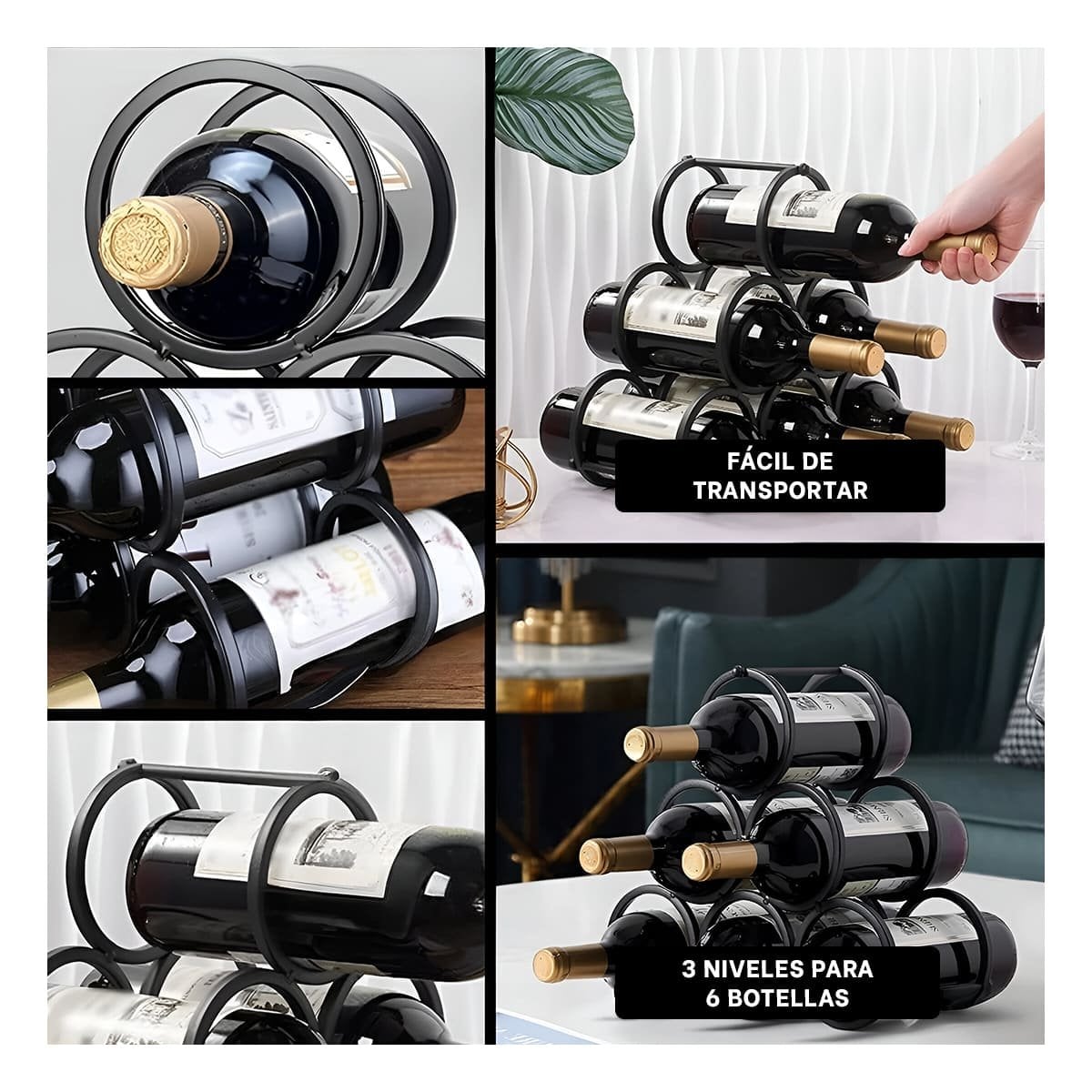 ESTANTE MODERNO PARA 6 BOTELLAS Y VINOS NEGRO Y+POST IT - 2