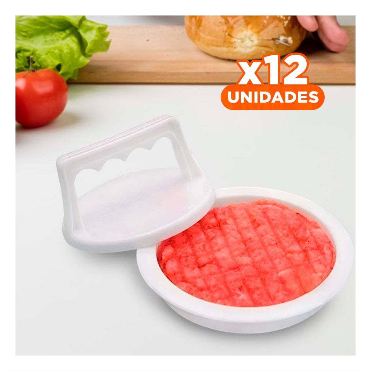 PACK12 PRENSA DOMESTICA DE HAMBURGUESA 13,1CM FABRICADA EN ABS BLANCO Y+PAPEL REGALO - 1