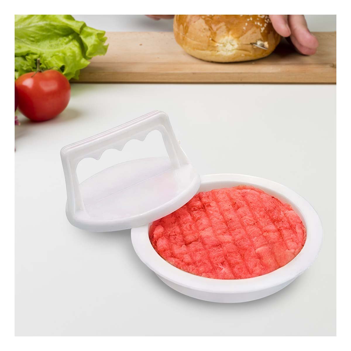 PACK12 PRENSA DOMESTICA DE HAMBURGUESA 13,1CM FABRICADA EN ABS BLANCO Y+PAPEL REGALO - 3
