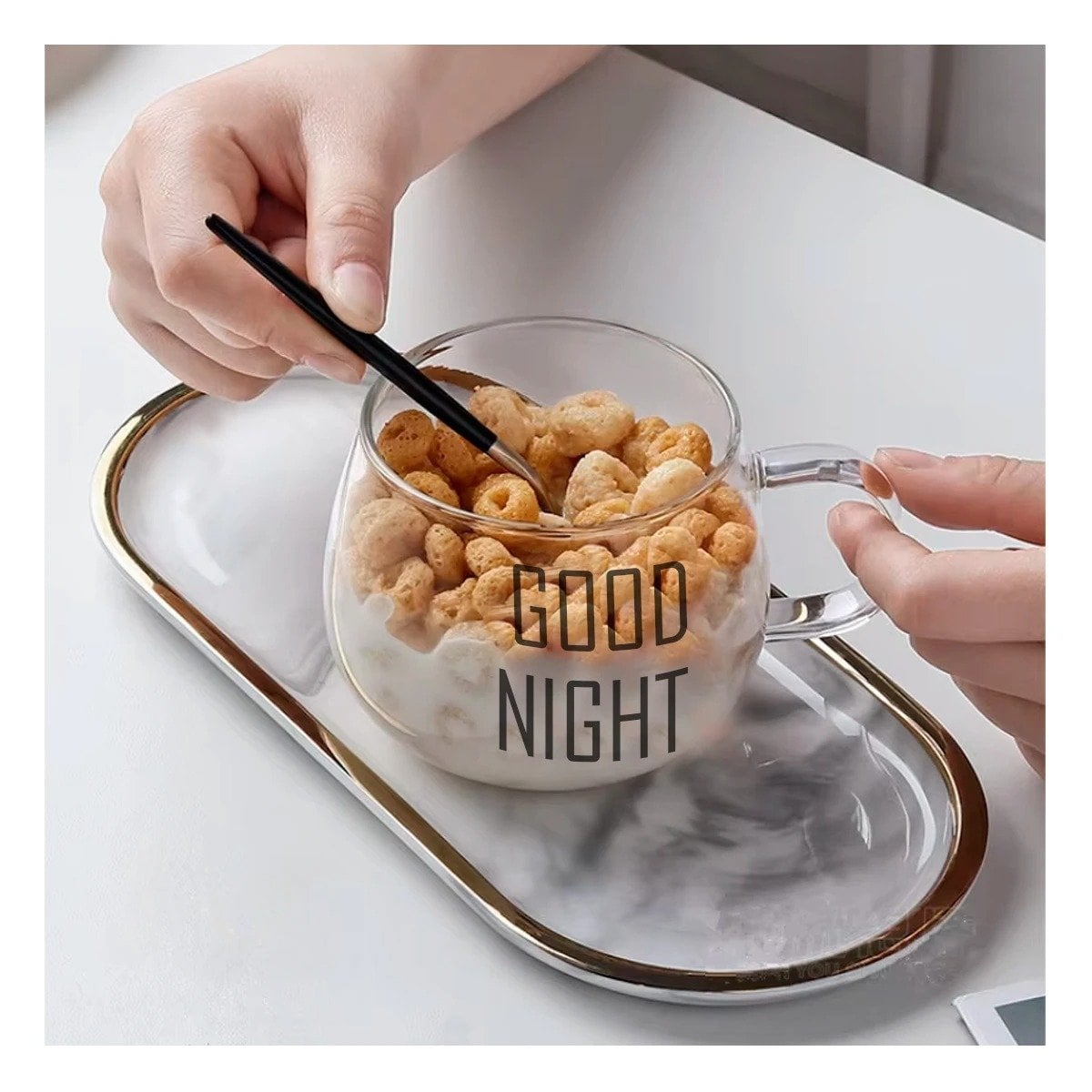 TAZA CON FRASE GOOD NIGHT EN VIDRIO TRANSPARENTE 350 ML MODERNA Y+POST IT - 1