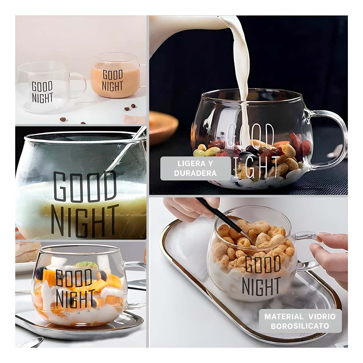 TAZA CON FRASE GOOD NIGHT EN VIDRIO TRANSPARENTE 350 ML MODERNA Y+POST IT - 2