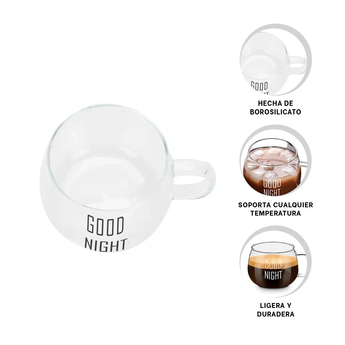 TAZA CON FRASE GOOD NIGHT EN VIDRIO TRANSPARENTE 350 ML MODERNA Y+POST IT - 5