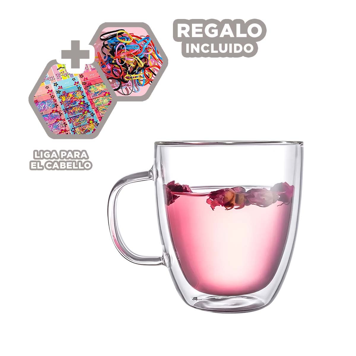 TAZA DOBLE CAPA 300 MILILITROS CON VIDRIO TRANSPARENTE TOQUE DECORATIVO Y+LIGAS REGALO - 2