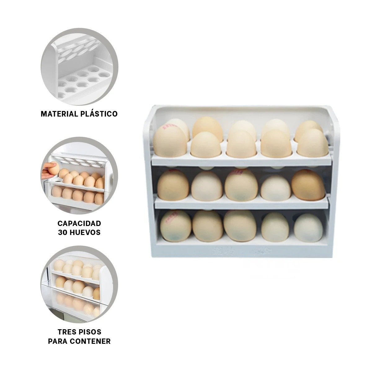 ORGANIZADOR BLANCO PARA 30 HUEVOS CON TRES NIVELES EN REFRIGERADOR ORDENADO Y+PAPEL REGALO - 5