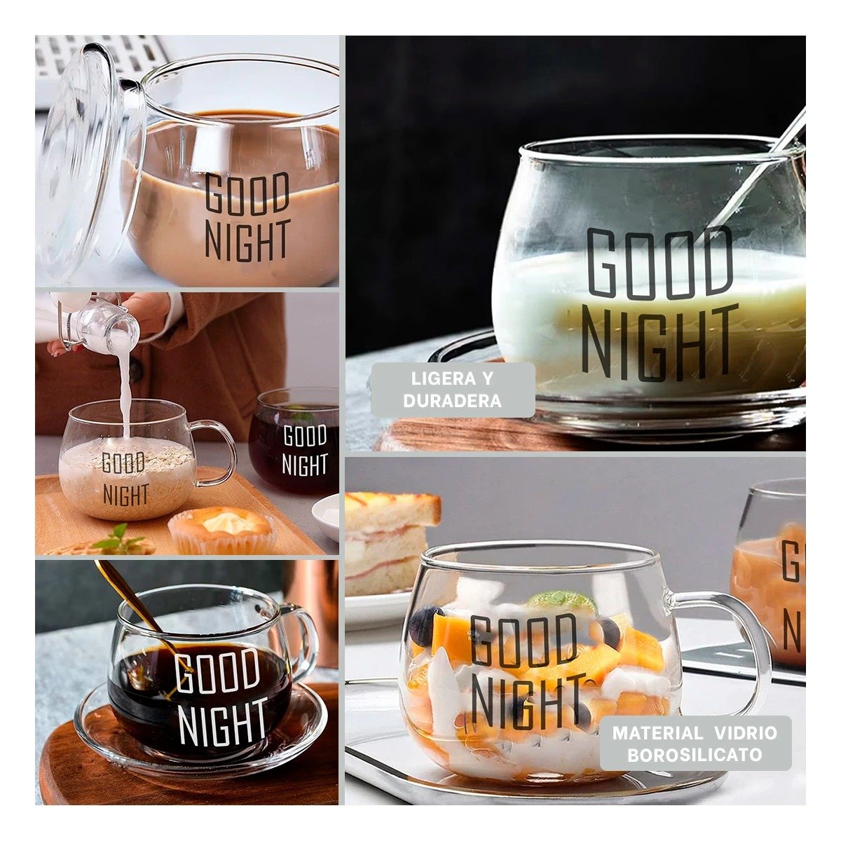 PACK2 COPA VIDRIO TRANSPARENTE 350 ML CON FRASE GOOD NIGHT MODERNA Y+PAPEL REGALO - 3