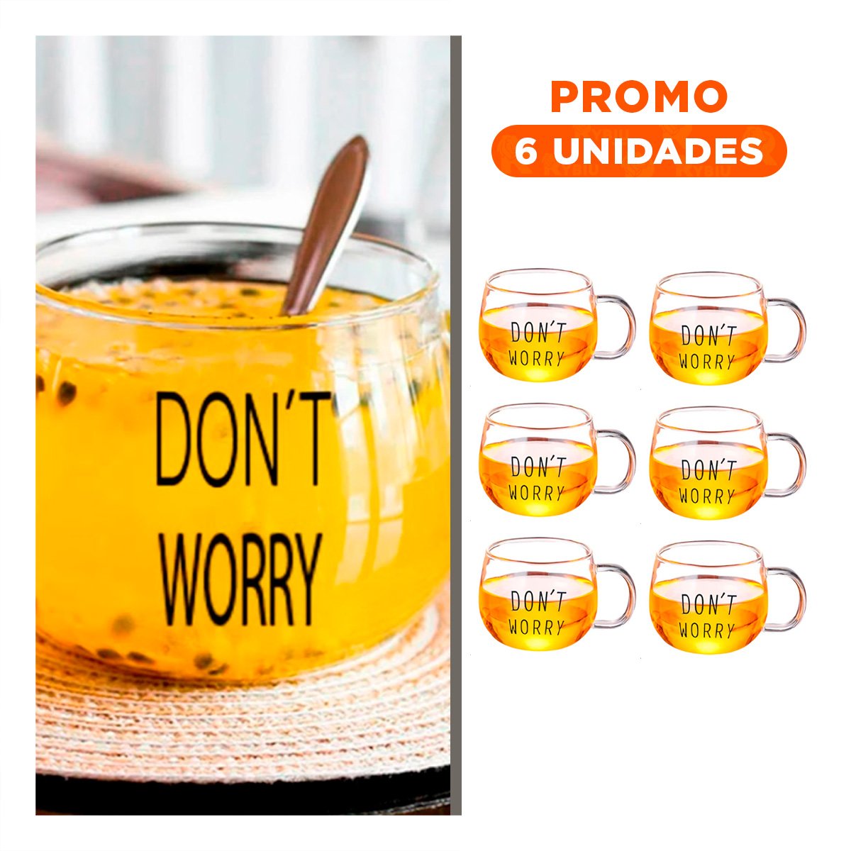 PACK6 VASO VIDRIO TRANSPARENTE 350 ML CON FRASE DONT WORRY MODERNA Y+REGALO STICKER - 1