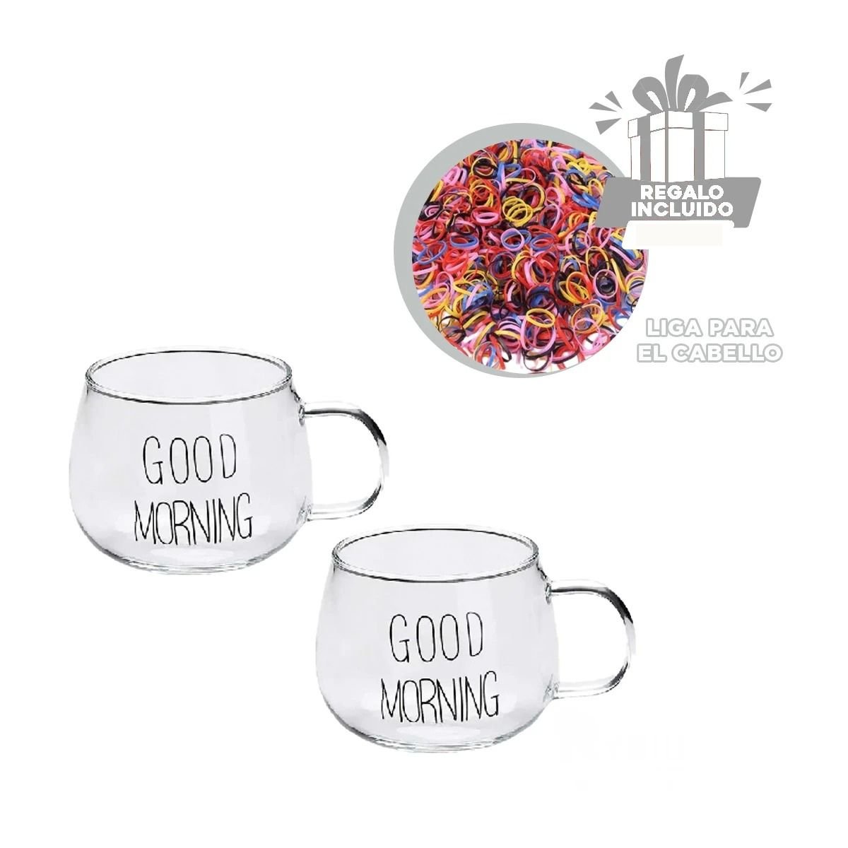 TAZA TRANSPARENTE DE VIDRIO 350 ML CON FRASE GOOD MORNING INSPIRADORA Y+LIGAS REGALO - 2