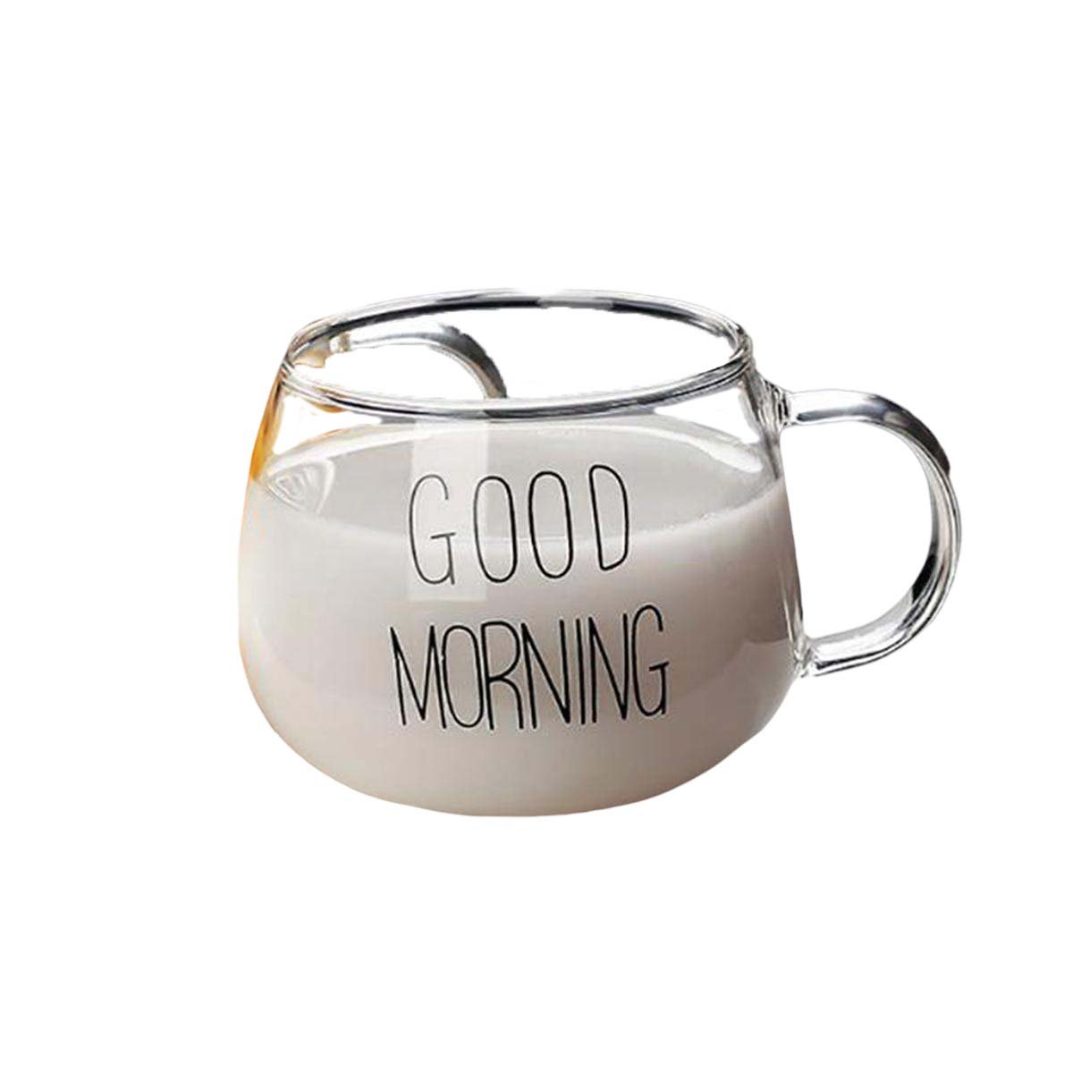 TAZA 350 ML EN COLOR TRANSPARENTE DE VIDRIO CON FRASE GOOD MORNING Y+REGALO STICKER - 1