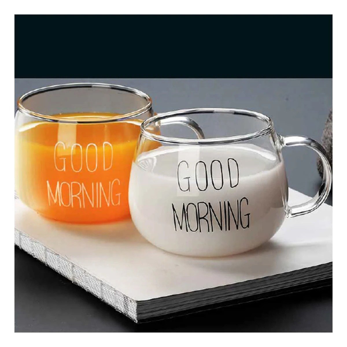 TAZA 350 ML EN COLOR TRANSPARENTE DE VIDRIO CON FRASE GOOD MORNING Y+REGALO STICKER - 2