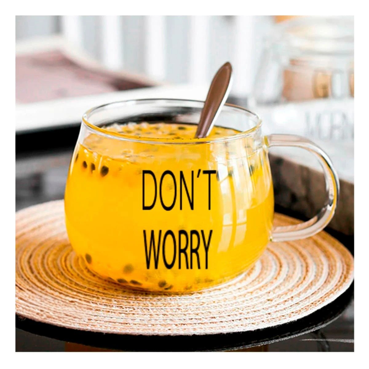 PACK12 VASO 350 ML EN COLOR TRANSPARENTE DE VIDRIO FRASE DONT WORRY Y+REGALO STICKER - 3