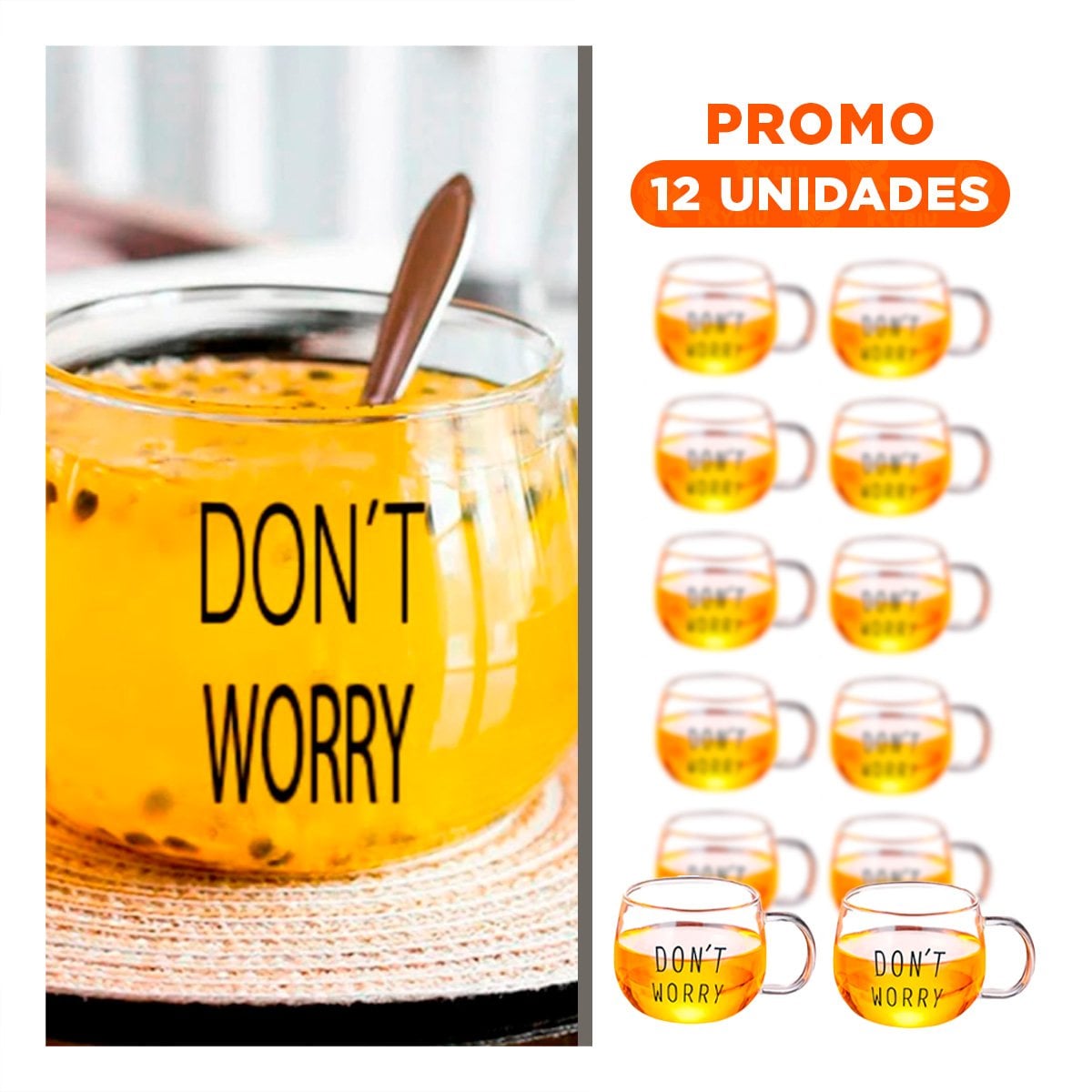 PACK12 VASO 350 ML TRANSPARENTE DE VIDRIO CON FRASE DONT WORRY CON PRESENTACION ELEGANTE - 1