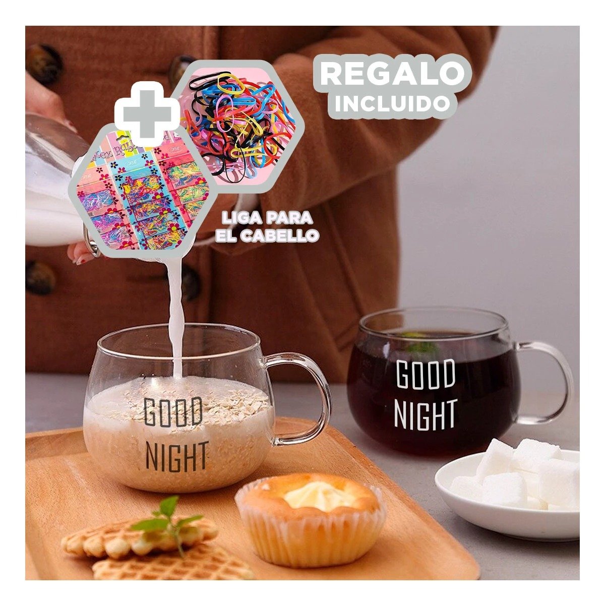TAZA TRANSPARENTE DE VIDRIO 350 ML CON FRASE GOOD NIGHT INSPIRADORA Y+LIGAS REGALO - 2