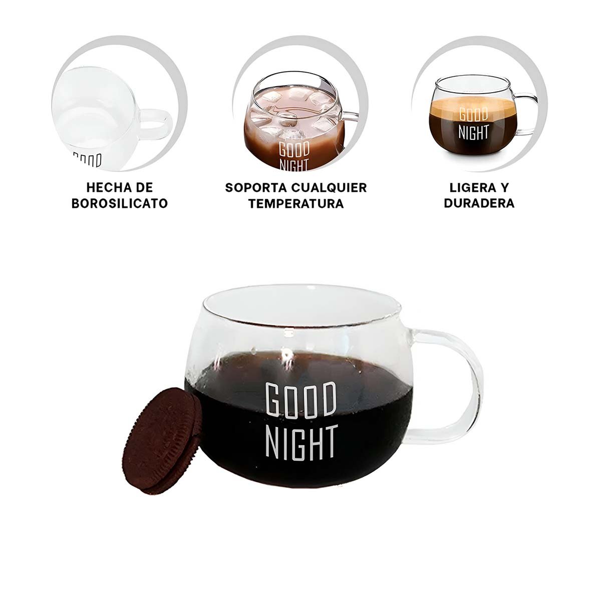 TAZA TRANSPARENTE DE VIDRIO 350 ML CON FRASE GOOD NIGHT INSPIRADORA Y+LIGAS REGALO - 5