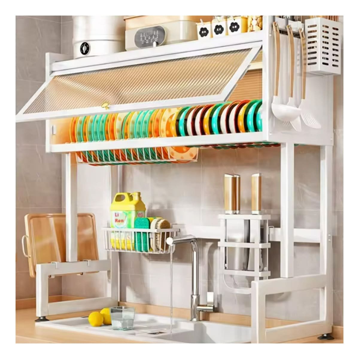 ESCURRIDOR DE PLATOS 85CM DOBLE NIVEL CON TAPA Y BANDEJA EXTRA BLANCO - 3