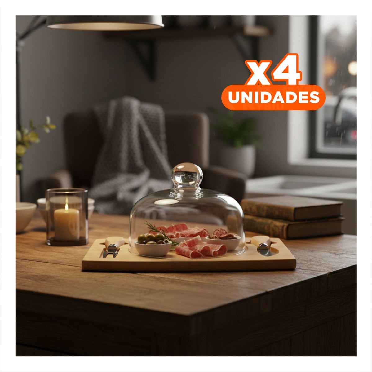 PACK4 BASE DE MADERA CON DOME DE VIDRIO PARA SERVIR TAPAS Y POSTRES MADERA YPAPEL REGALO - 1