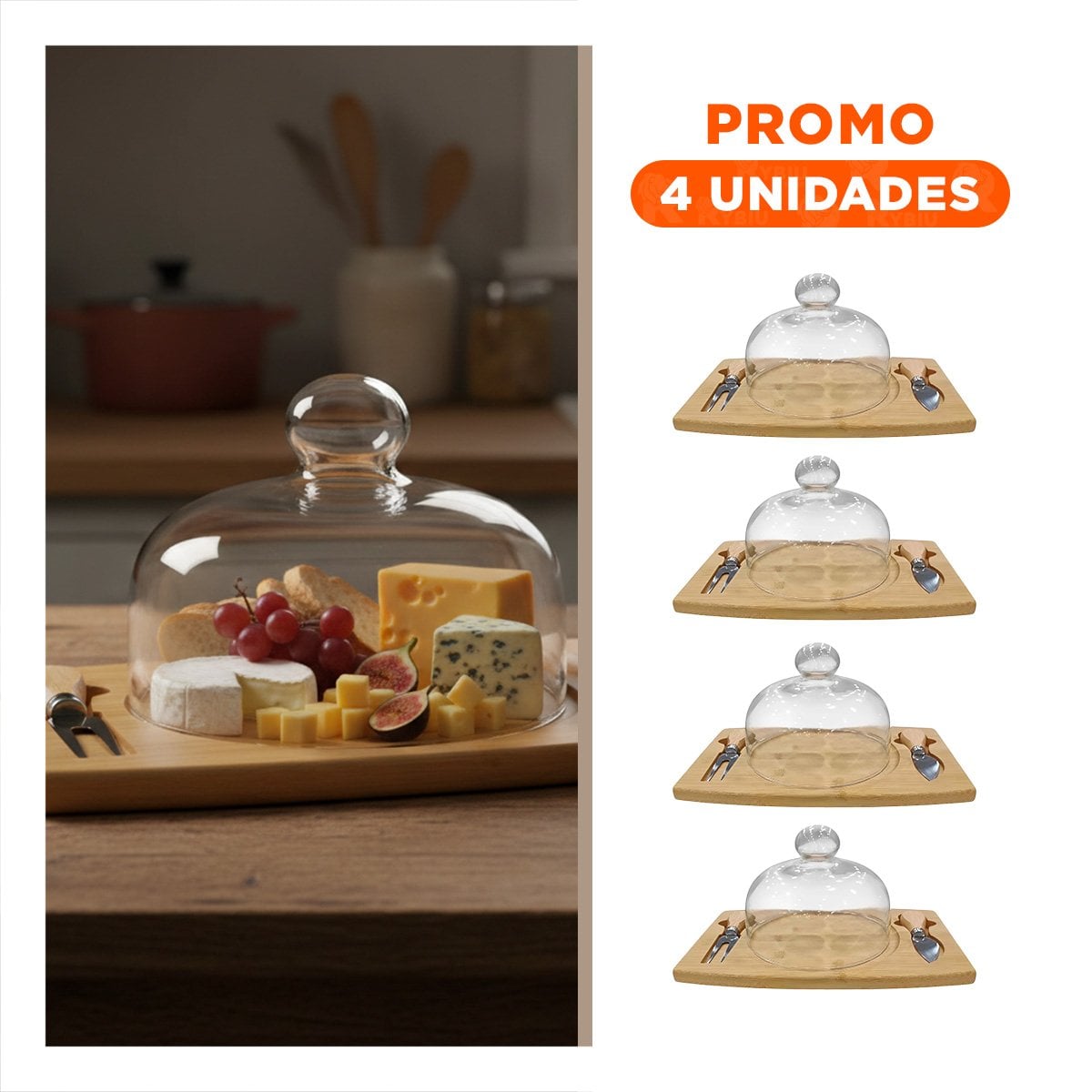PACK4 BASE DE MADERA FUNCIONAL CON TAPA DE VIDRIO Y ACCESORIOS DE COCINA MADERA - 1