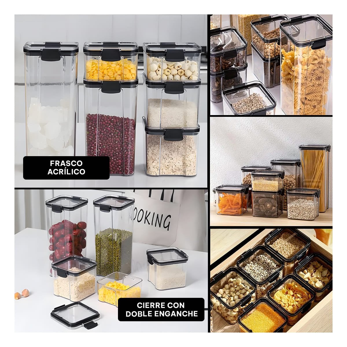 FRASCO ACRILICO MANTENER PRODUCTOS FRESCOS TAPA BORDE NEGRO SET 6 Y+LIGAS REGALO - 1
