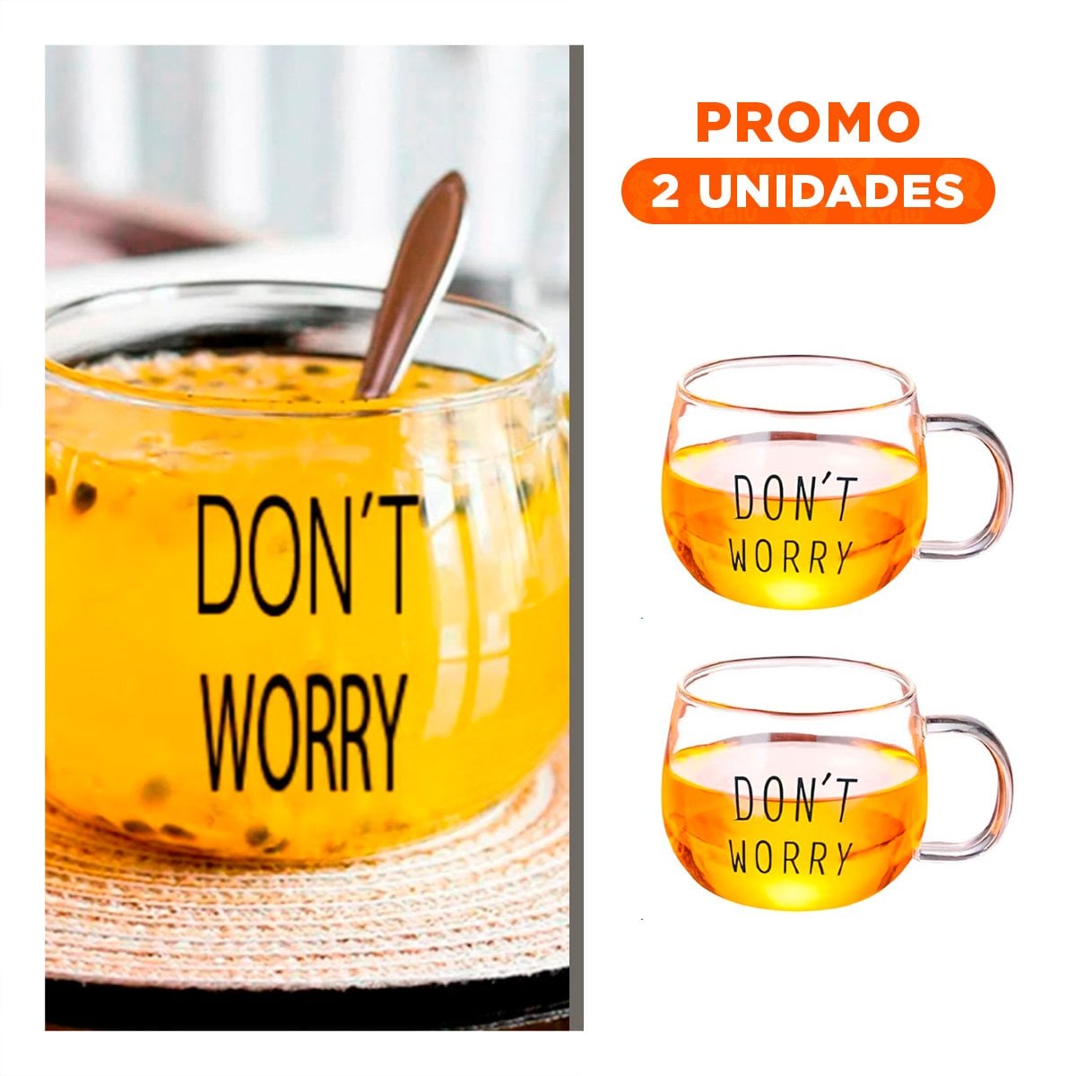 PACK2 COPA 350 ML TRANSPARENTE DE VIDRIO CON FRASE DONT WORRY CON PRESENCIA Y+REGALO STICKER - 1