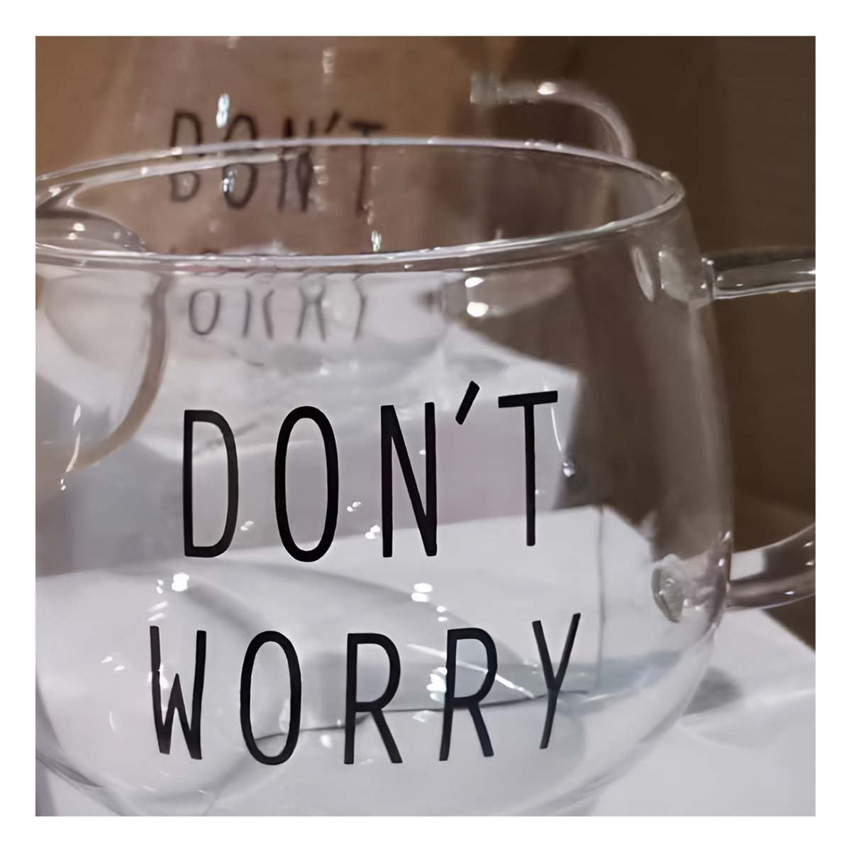 PACK2 COPA 350 ML TRANSPARENTE DE VIDRIO CON FRASE DONT WORRY CON PRESENCIA Y+REGALO STICKER - 3