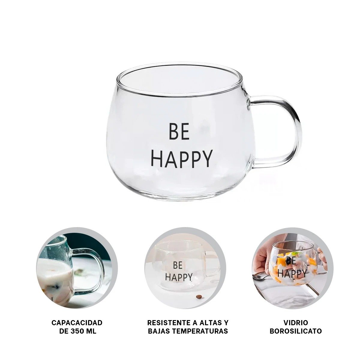 TAZA DE VIDRIO 350 ML CON FRASE BE HAPPY EN TRANSPARENTE ELEGANTE Y+PAPEL REGALO - 5