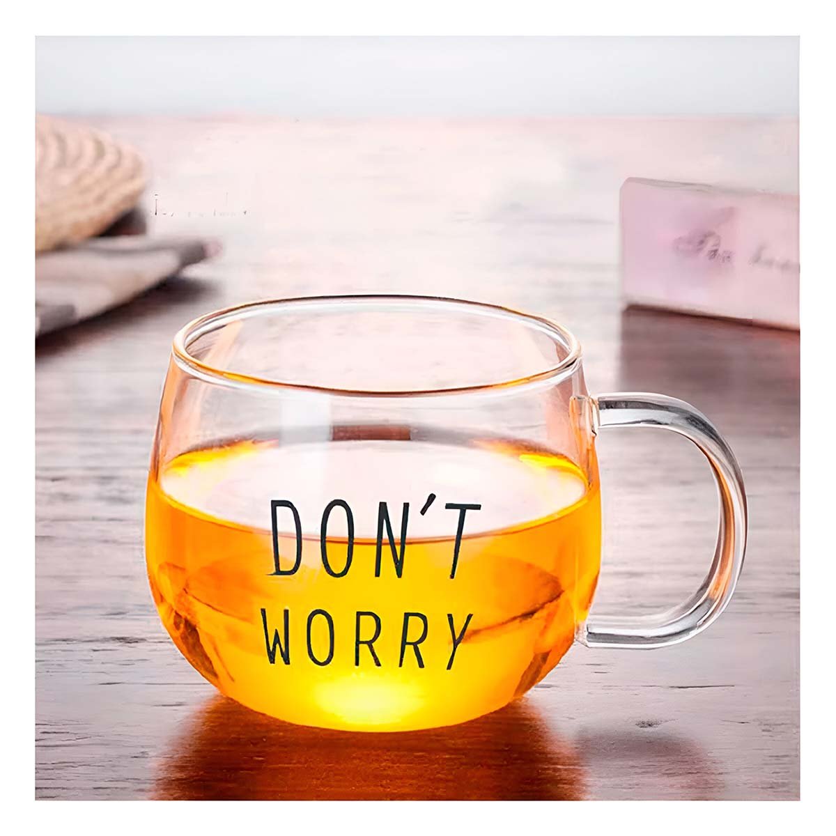 TAZA 350 ML EN COLOR TRANSPARENTE DE VIDRIO CON FRASE DONT WORRY Y+REGALO STICKER - 3