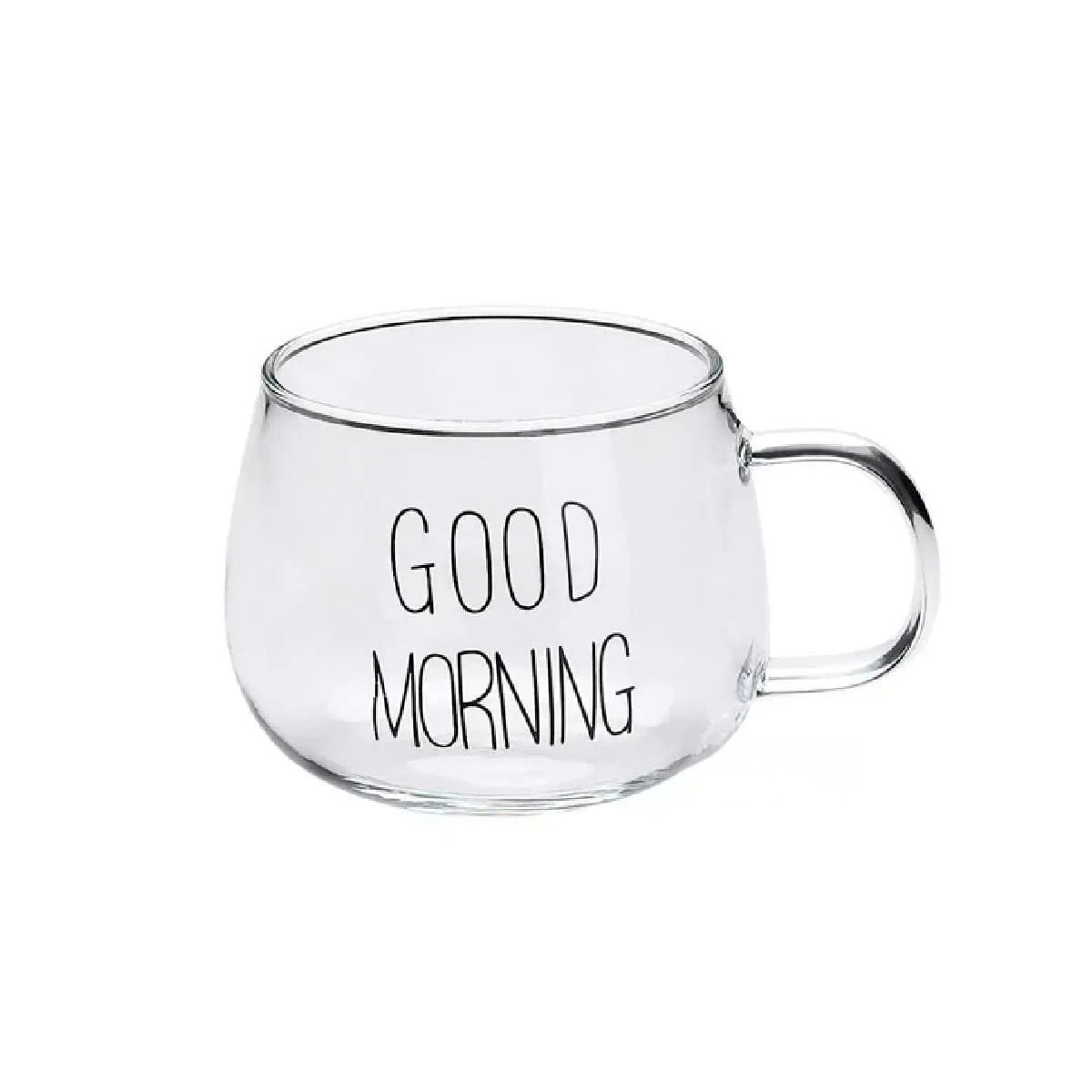 PACK12 VASO 350 ML EN COLOR TRANSPARENTE DE VIDRIO FRASE GOOD MORNING Y+REGALO STICKER - 2