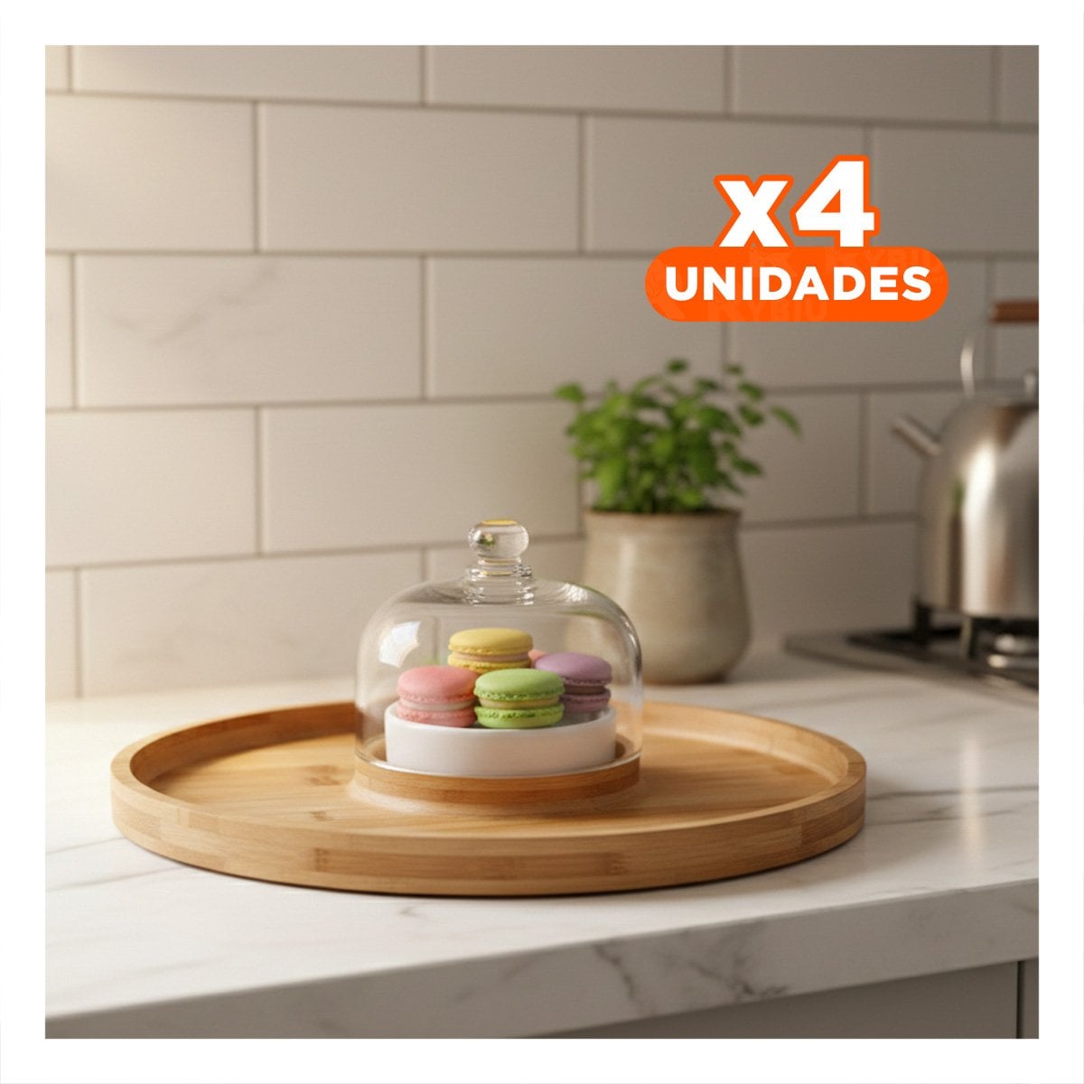 PACK4 CONTENEDOR REDONDO CON MINI CUPULA Y BOWL DE MADERA PARA REUNIONES YREGALO STICKER - 1