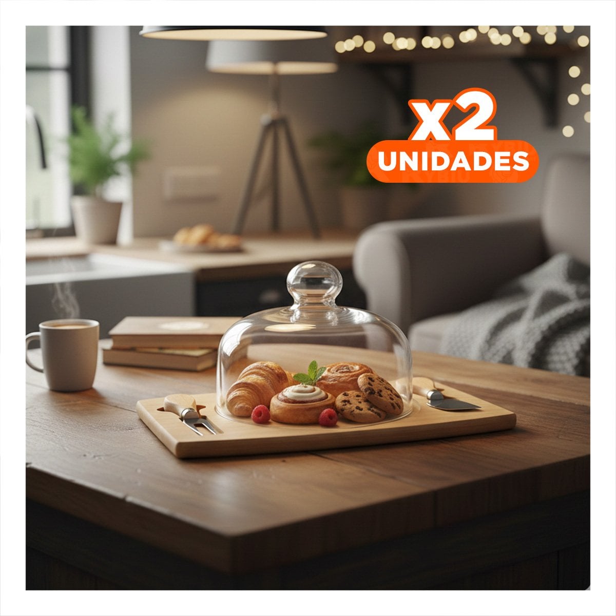 PACK2 BASE DE MADERA CON CUBIERTOS Y CUPULA DE VIDRIO PARA MESA ELEGANTE MADERA YPAPEL REGALO - 1
