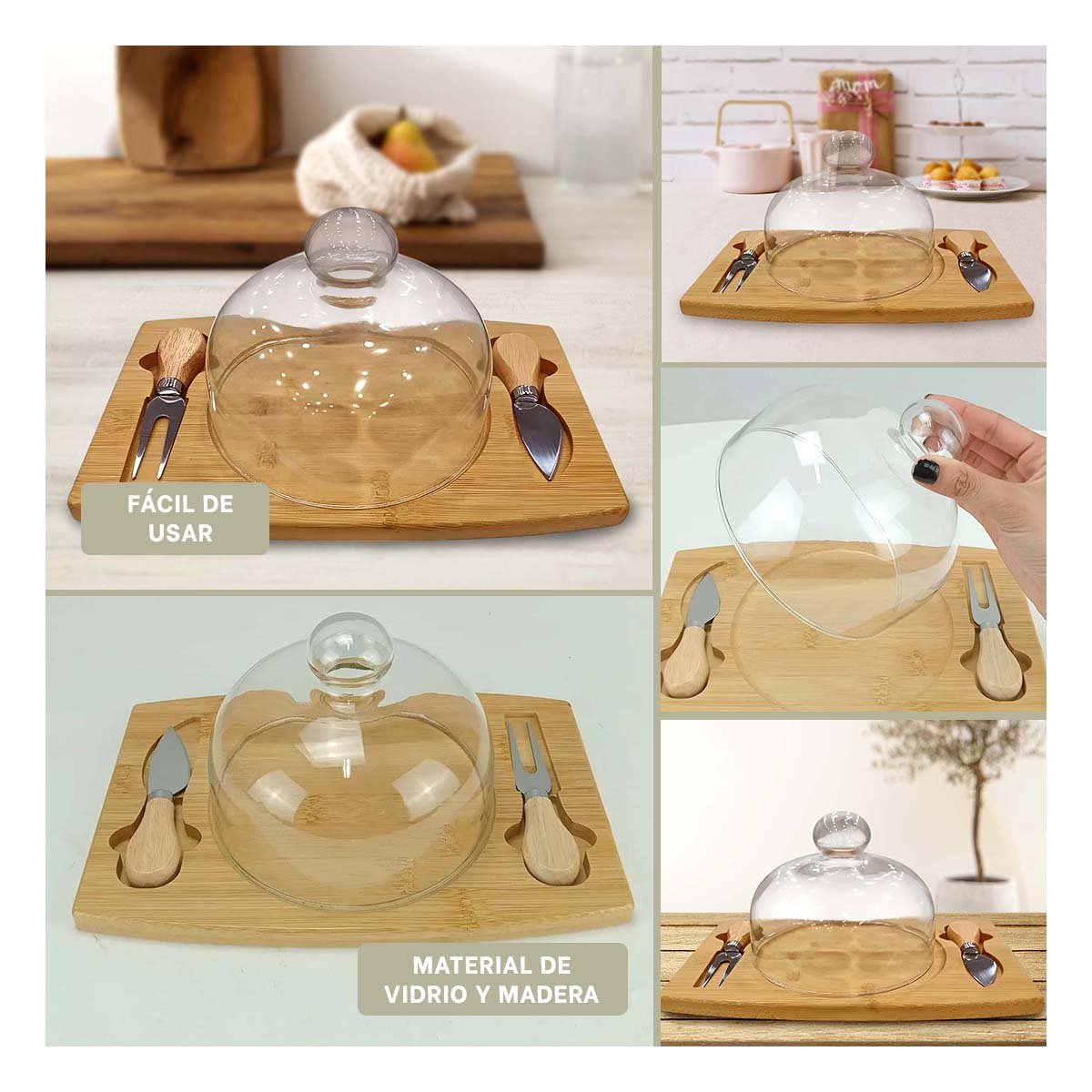 PACK2 BASE DE MADERA CON CUBIERTOS Y CUPULA DE VIDRIO PARA MESA ELEGANTE MADERA YPAPEL REGALO - 3